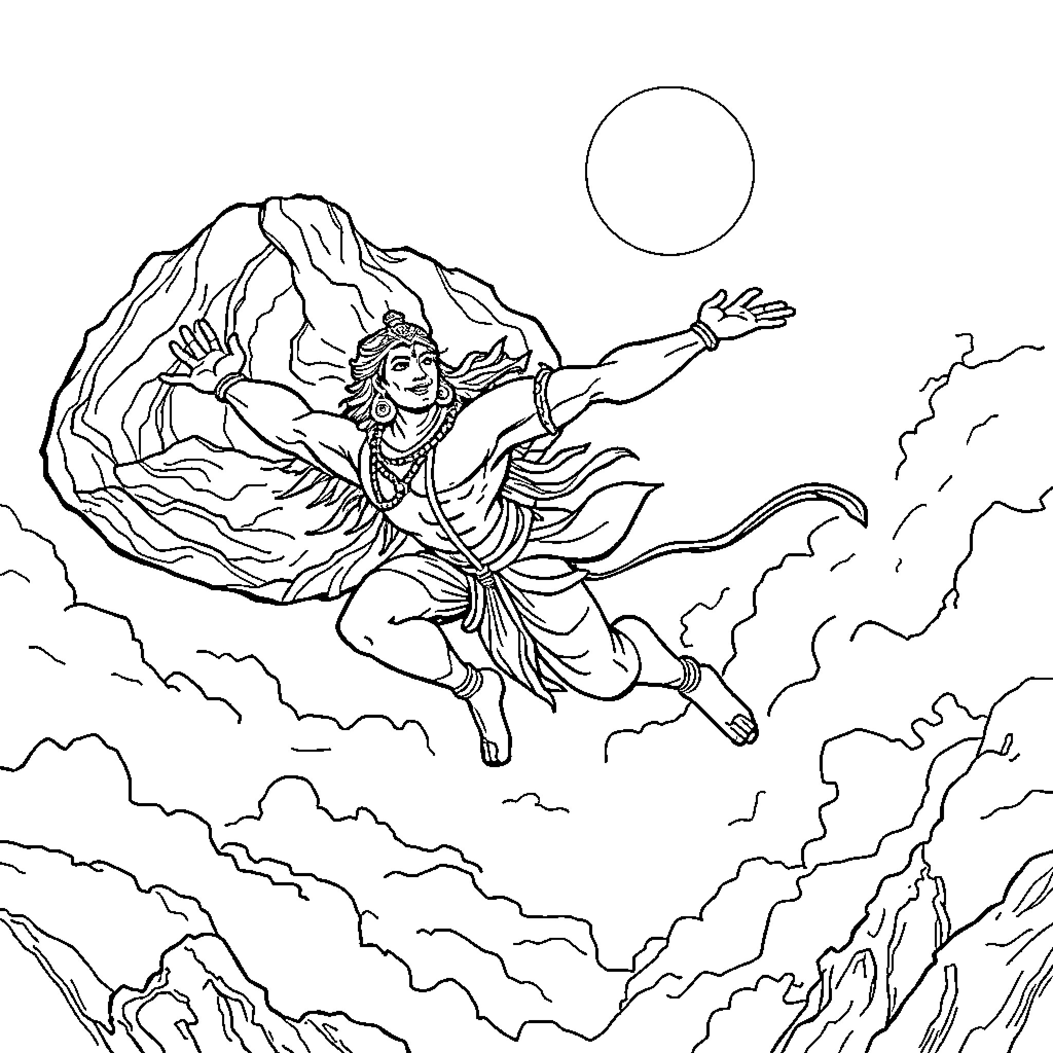 Hanuman, the Mighty Monkey-God, Soaring in the Skies Coloring Page (free black-and-white line drawing printable PDF for all, from beginners to advanced learners, including children, teens, adults, and seniors)