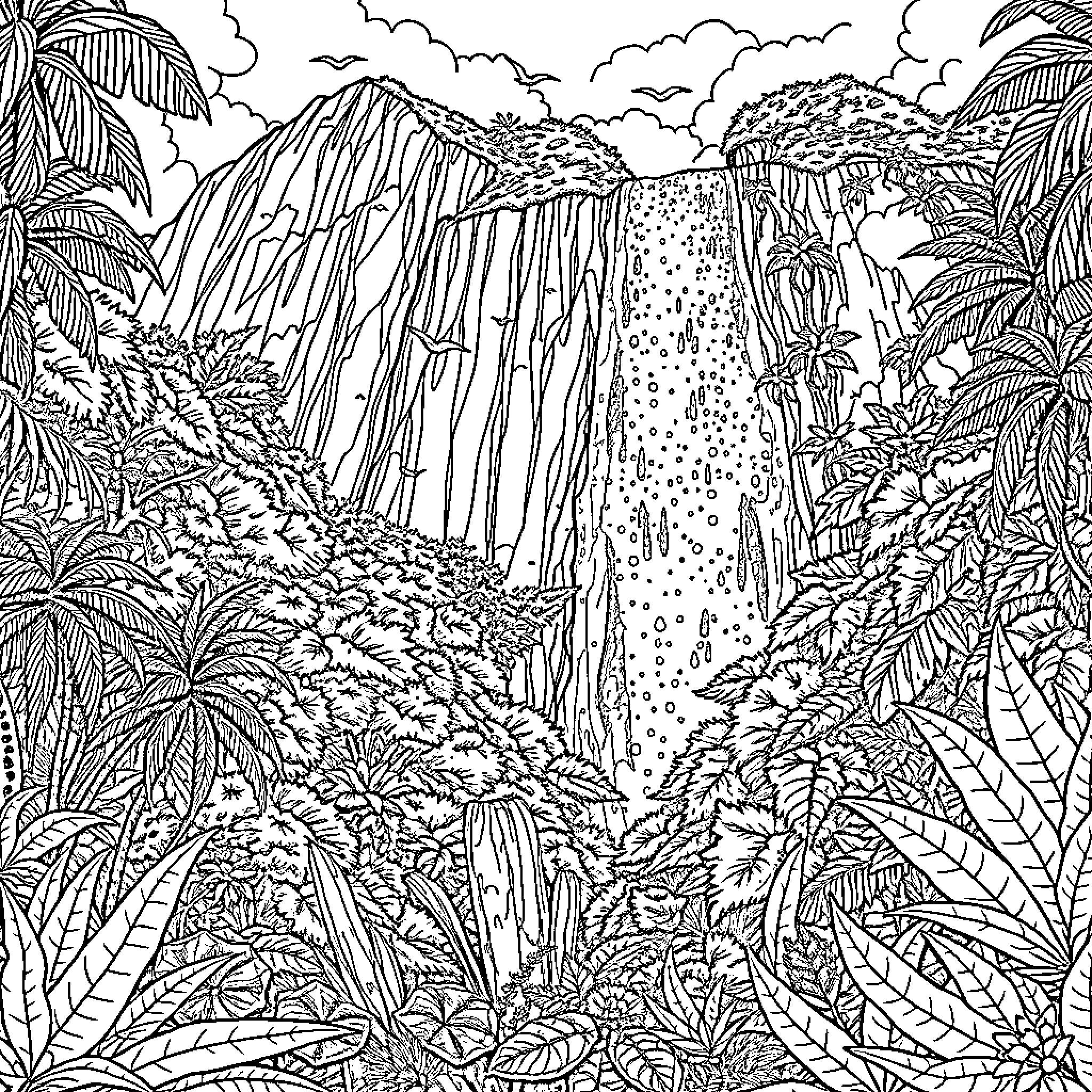 Waterfall in lush tropical jungle Coloring Page (free black-and-white line drawing printable PDF for all, from beginners to advanced learners, including children, teens, adults, and seniors)