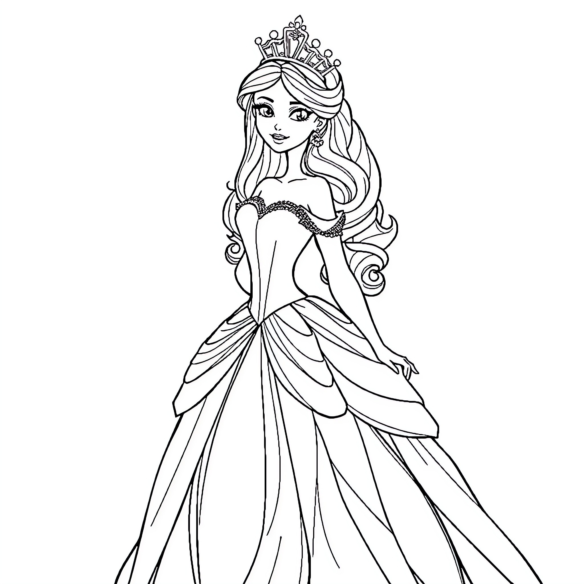 Princess in Elegant Dress and Crown Coloring Page (free black-and-white line drawing printable PDF for all, from beginners to advanced learners, including children, teens, adults, and seniors)