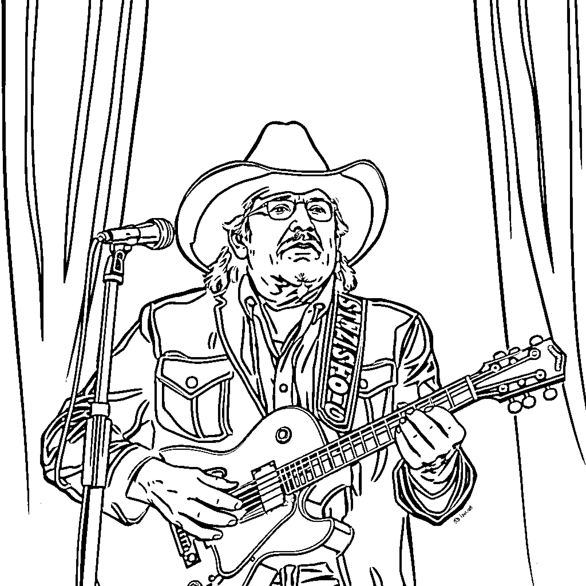 Waylon Jennings performing on stage with guitar Coloring Page (free black-and-white line drawing printable PDF for all, from beginners to advanced learners, including children, teens, adults, and seniors)