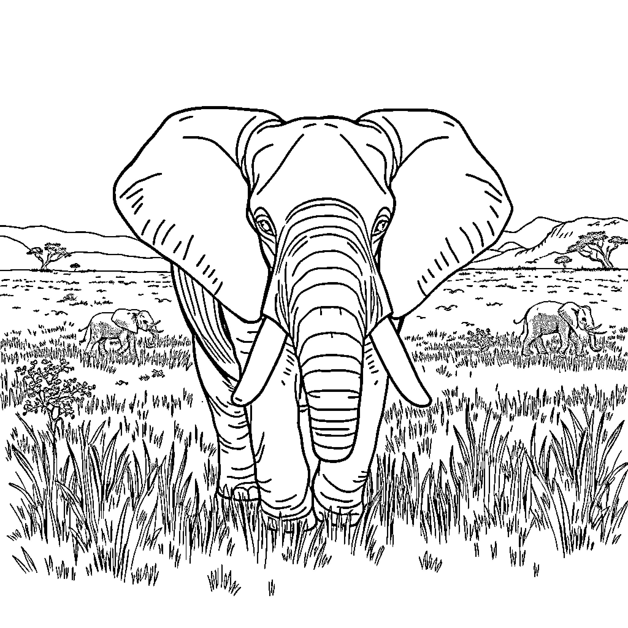 Elephant walking through the African savanna Coloring Page (free black-and-white line drawing printable PDF for all, from beginners to advanced learners, including children, teens, adults, and seniors)