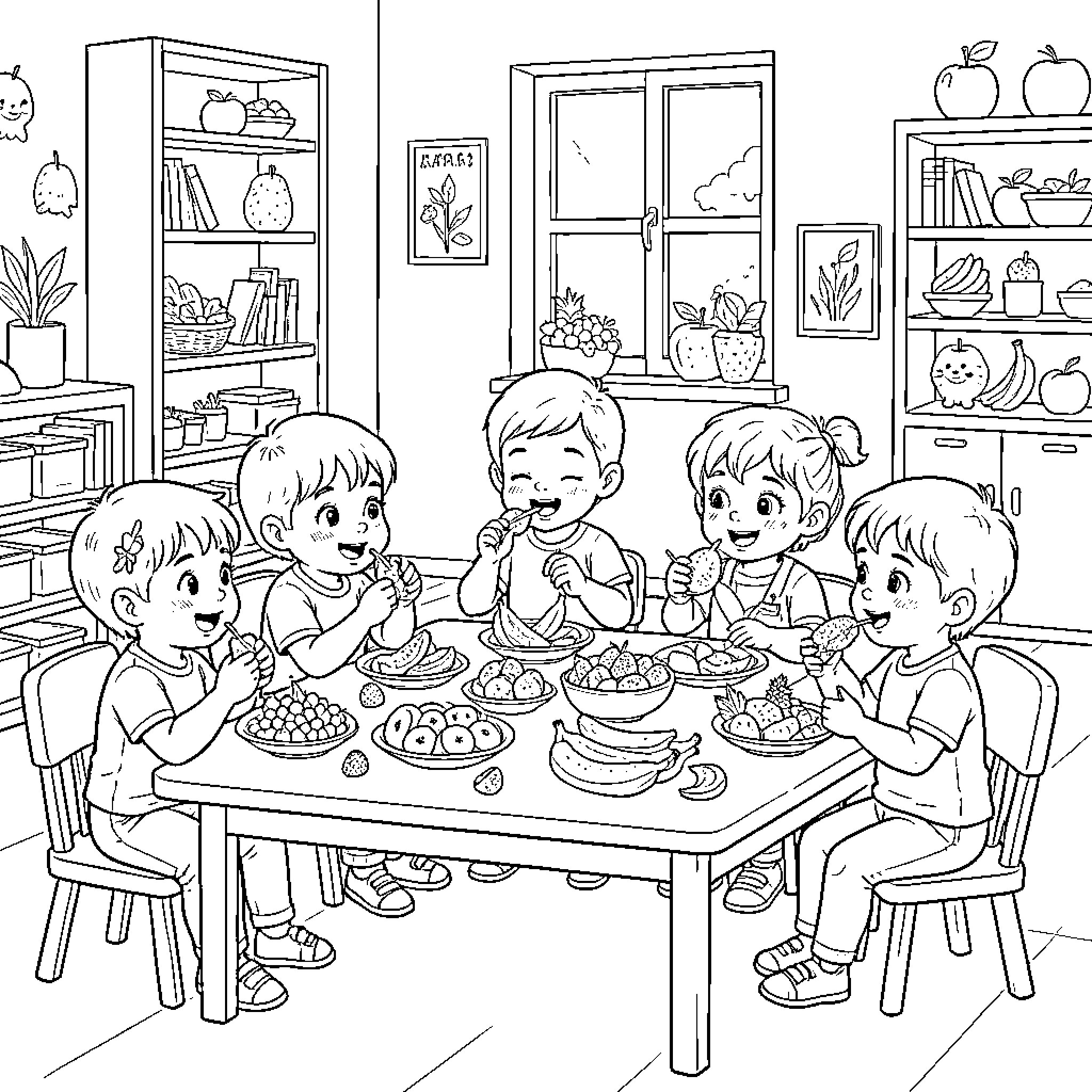 Niño and friends enjoying a meal together Coloring Page (free black-and-white line drawing printable PDF for all, from beginners to advanced learners, including children, teens, adults, and seniors)