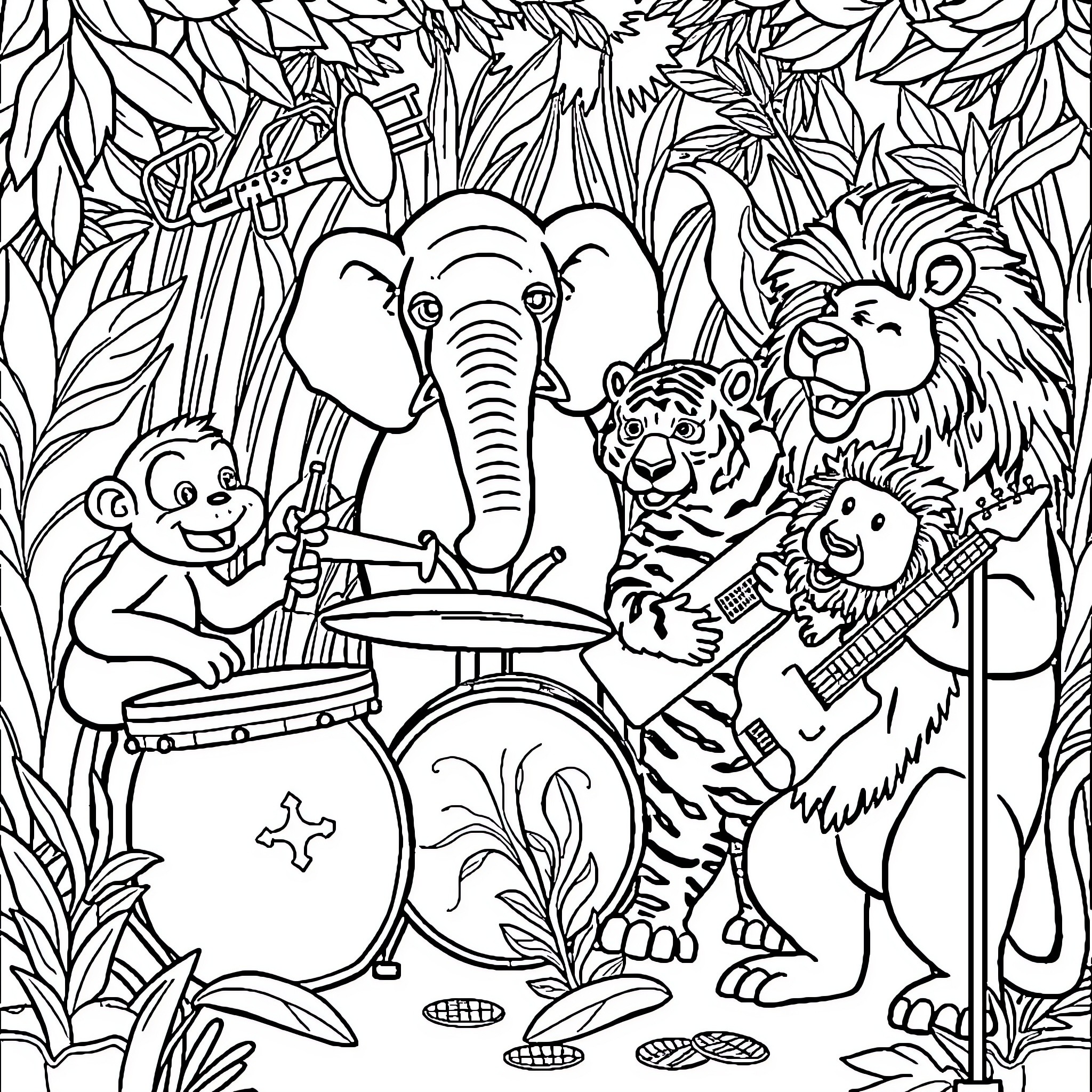 Animal friends having a musical performance in the jungle Coloring Page (free black-and-white line drawing printable PDF for all, from beginners to advanced learners, including children, teens, adults, and seniors)