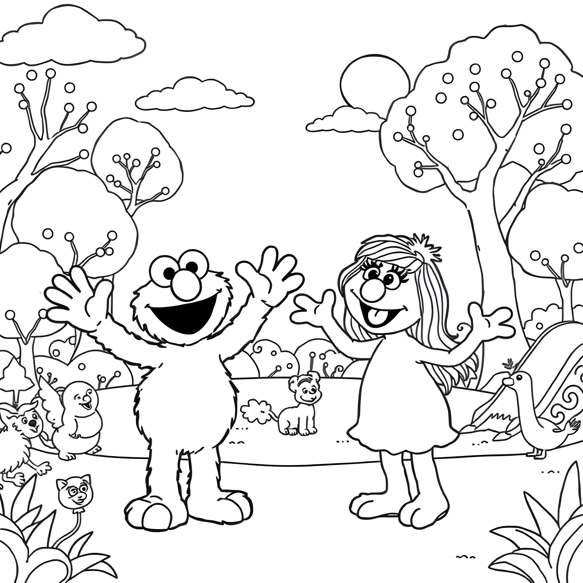 Elmo and his friend enjoying a nature scene Coloring Page (free black-and-white line drawing printable PDF for all, from beginners to advanced learners, including children, teens, adults, and seniors)