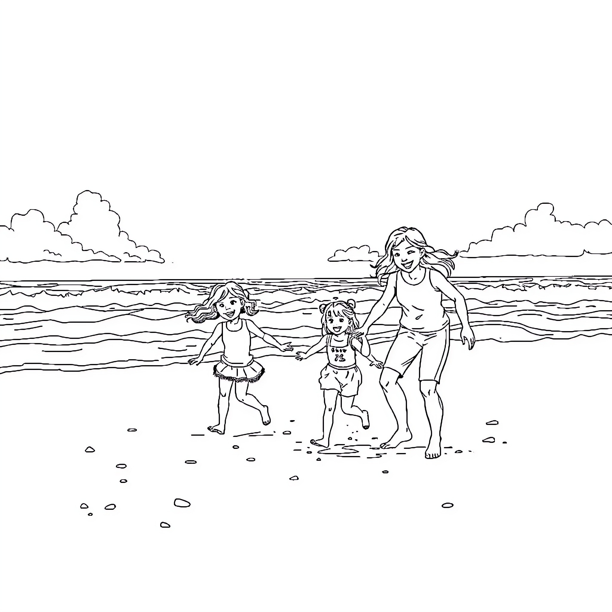 Family playing joyfully at the beach Coloring Page (free black-and-white line drawing printable PDF for all, from beginners to advanced learners, including children, teens, adults, and seniors)