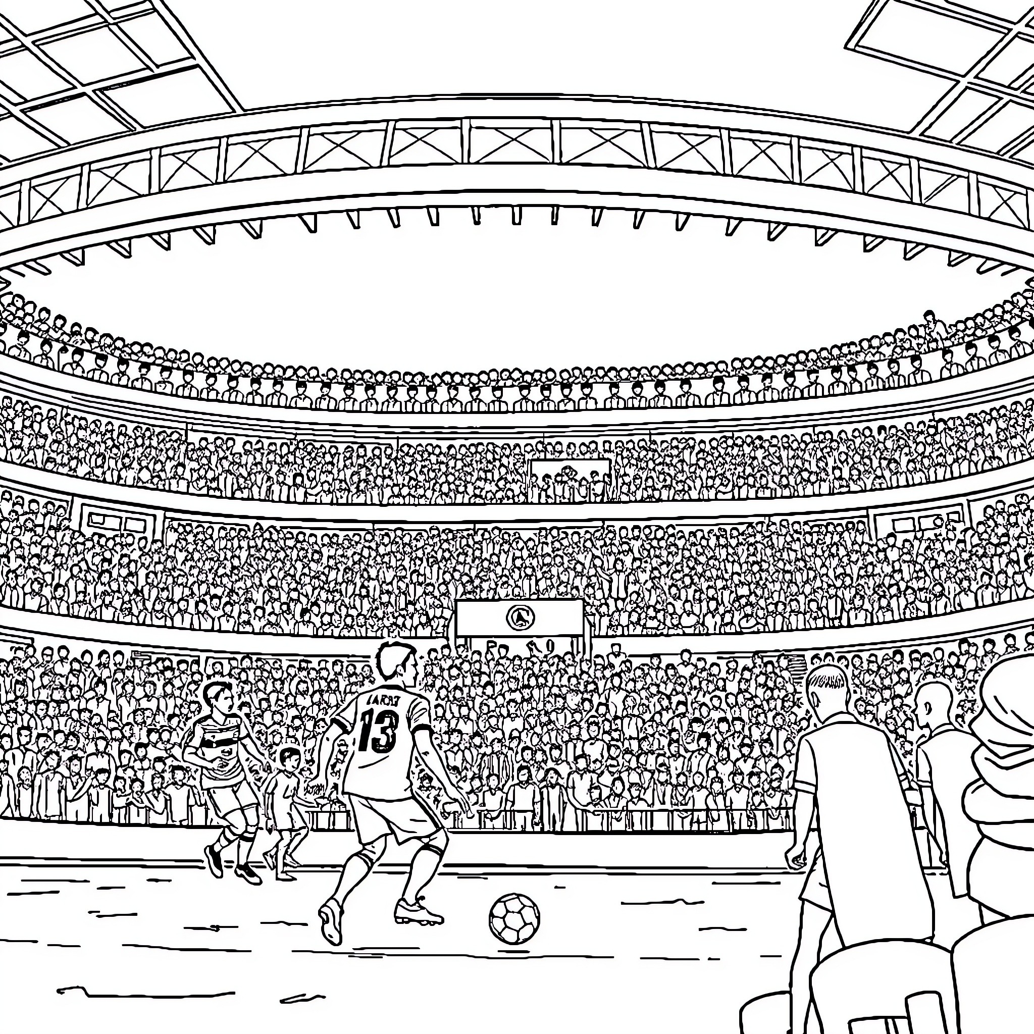 Football players in action on a crowded stadium field Coloring Page (free black-and-white line drawing printable PDF for all, from beginners to advanced learners, including children, teens, adults, and seniors)