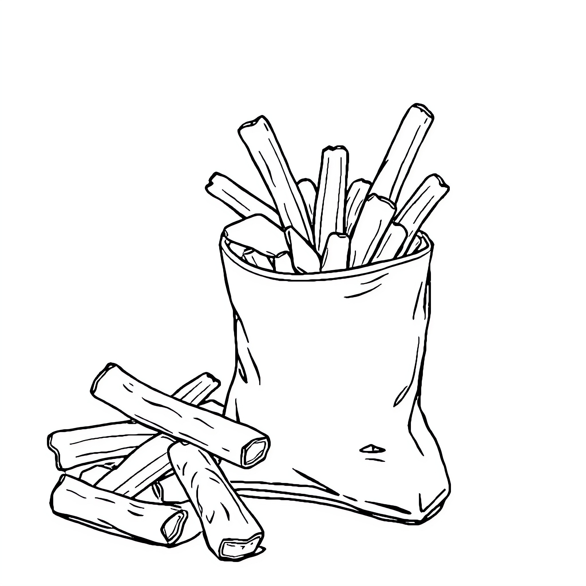 Chips spilling out of container Coloring Page (free black-and-white line drawing printable PDF for all, from beginners to advanced learners, including children, teens, adults, and seniors)