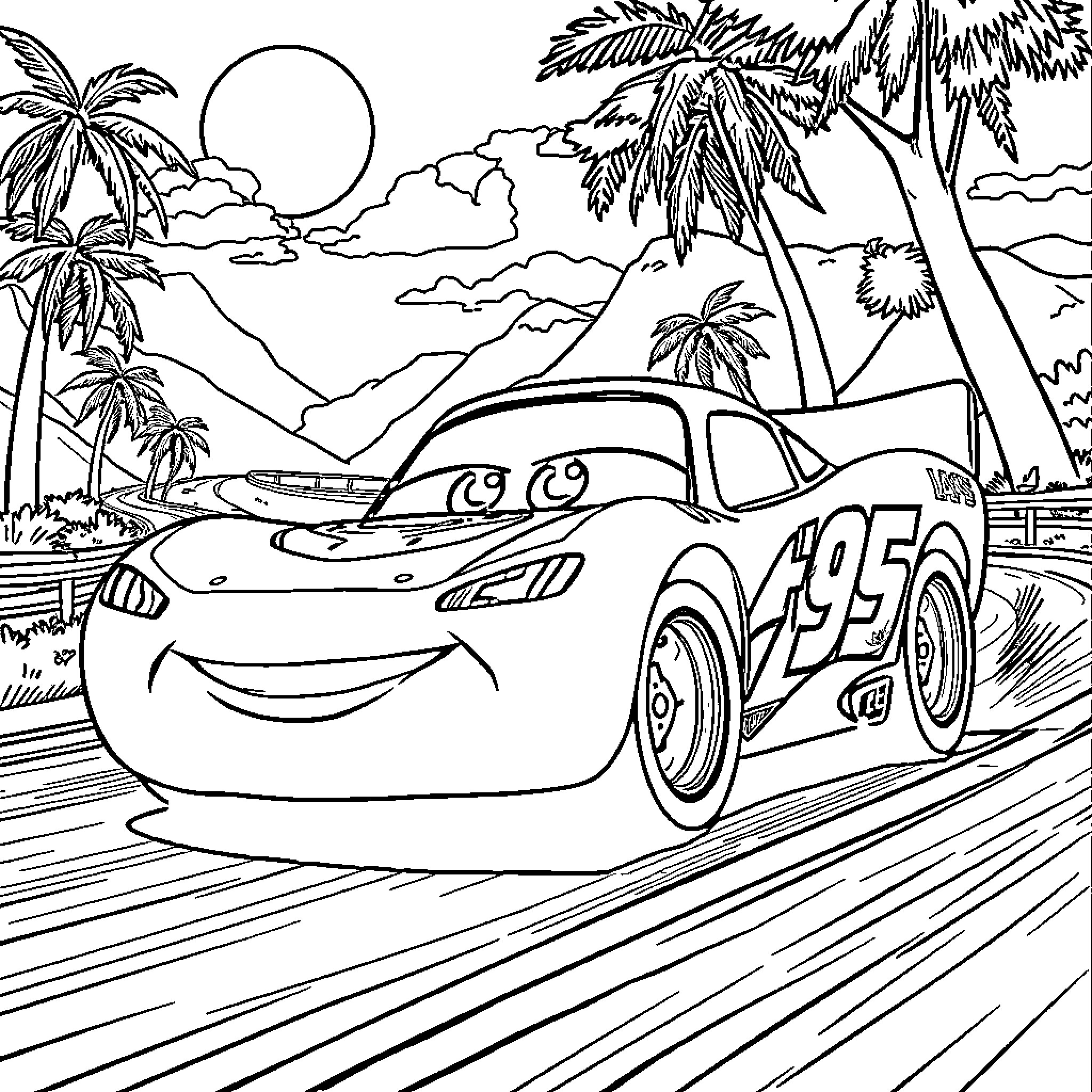 Lightning McQueen racing on the tropical beach Coloring Page (free black-and-white line drawing printable PDF for all, from beginners to advanced learners, including children, teens, adults, and seniors)