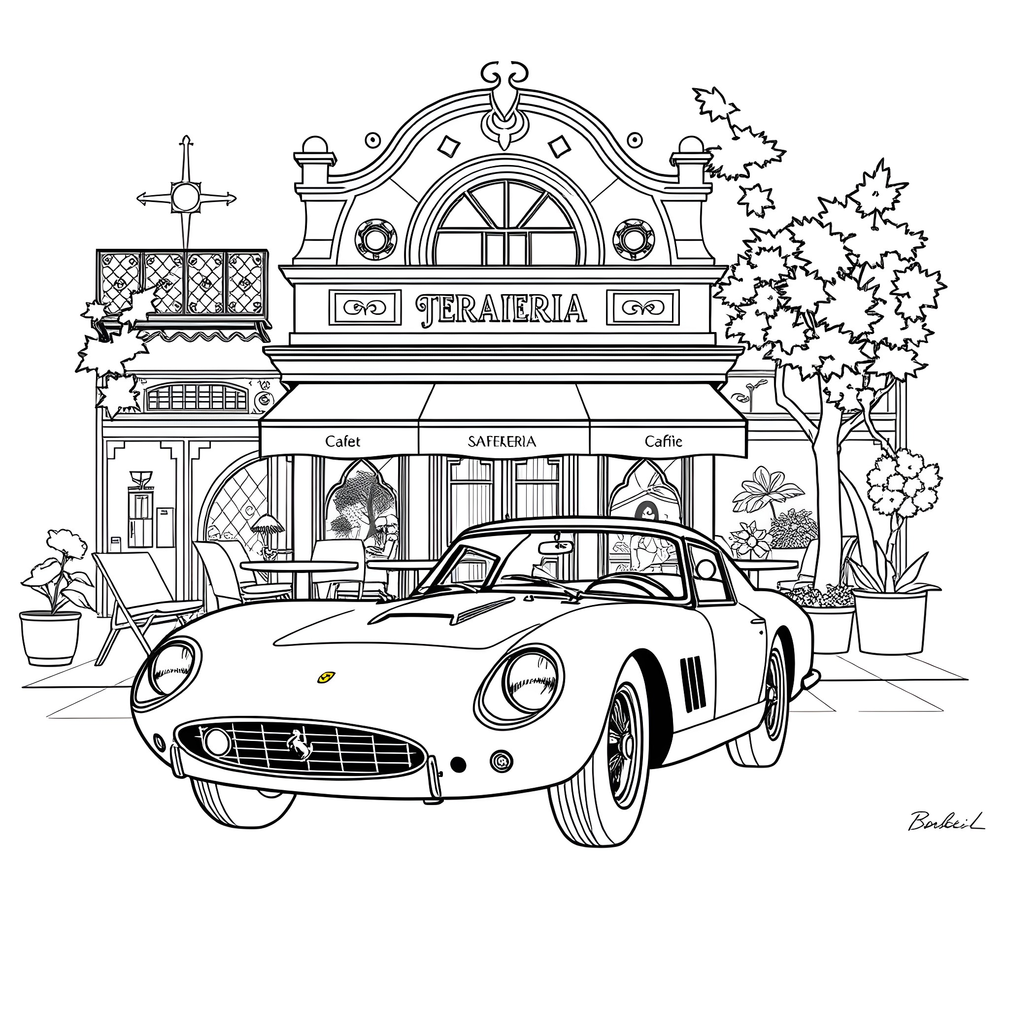 Ferrari sports car in front of an Italian restaurant Coloring Page (free black-and-white line drawing printable PDF for all, from beginners to advanced learners, including children, teens, adults, and seniors)