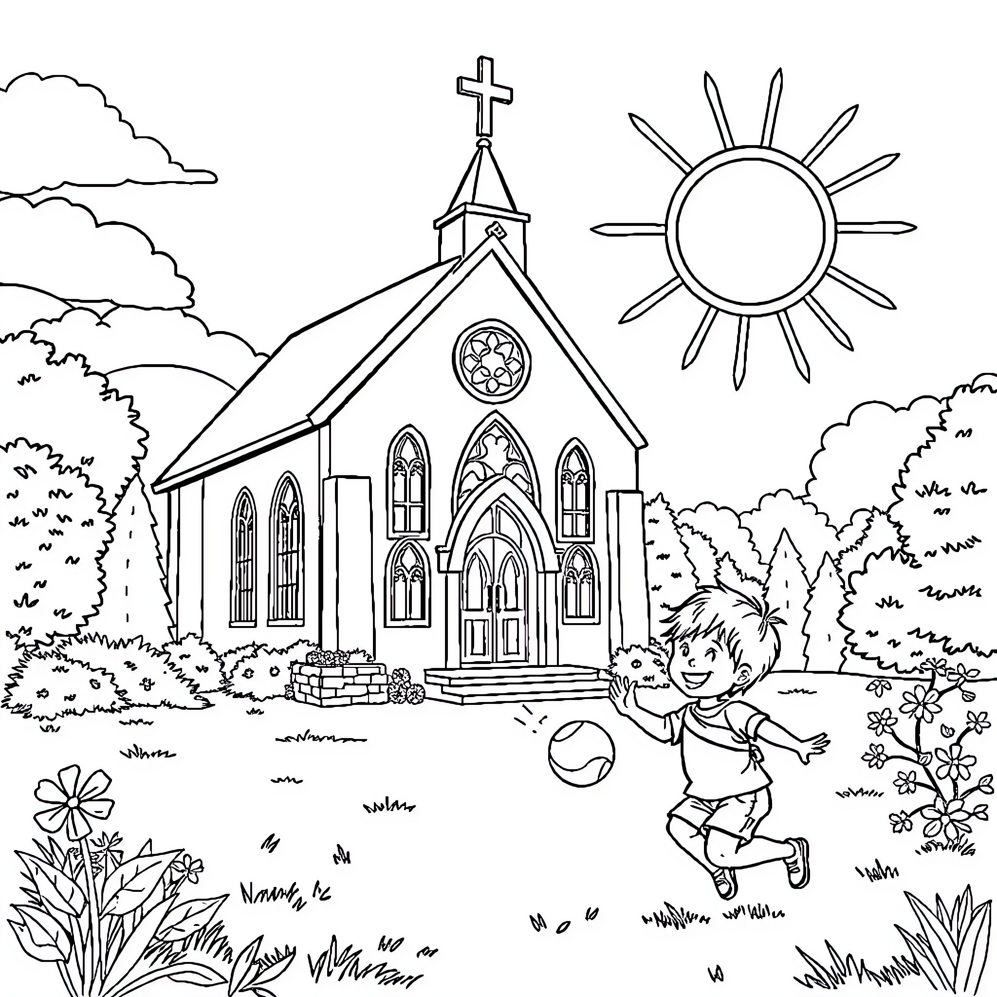 Church with child playing joyfully in the landscape Coloring Page (free black-and-white line drawing printable PDF for all, from beginners to advanced learners, including children, teens, adults, and seniors)
