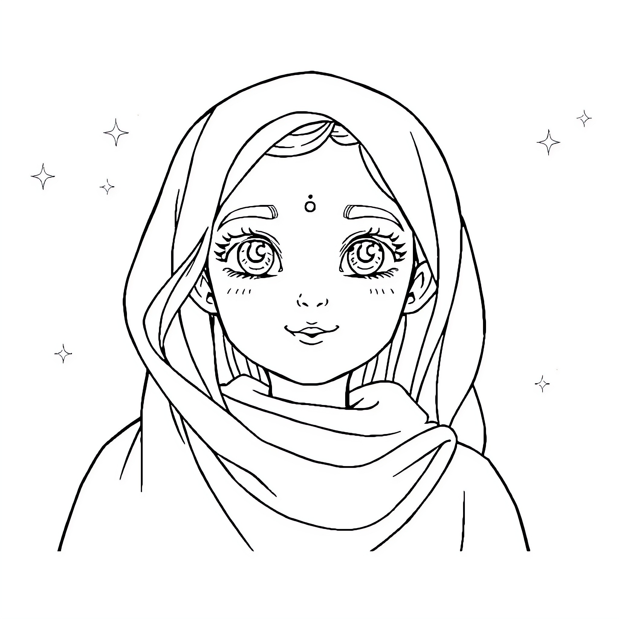 Azwa's Tranquil Gaze Amidst the Starry Night Coloring Page (free black-and-white line drawing printable PDF for all, from beginners to advanced learners, including children, teens, adults, and seniors)