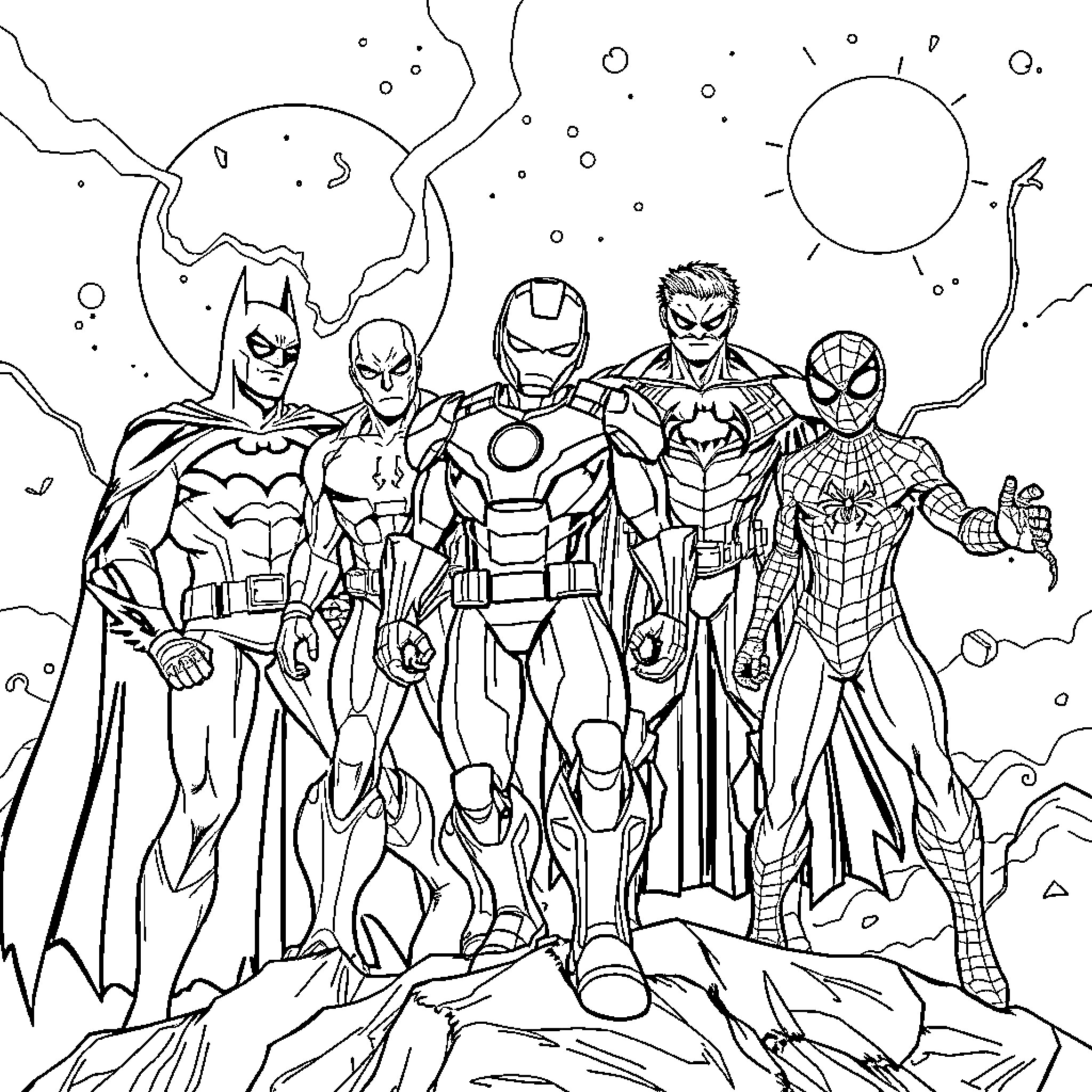 Superhero squad in dramatic action pose Coloring Page (free black-and-white line drawing printable PDF for all, from beginners to advanced learners, including children, teens, adults, and seniors)