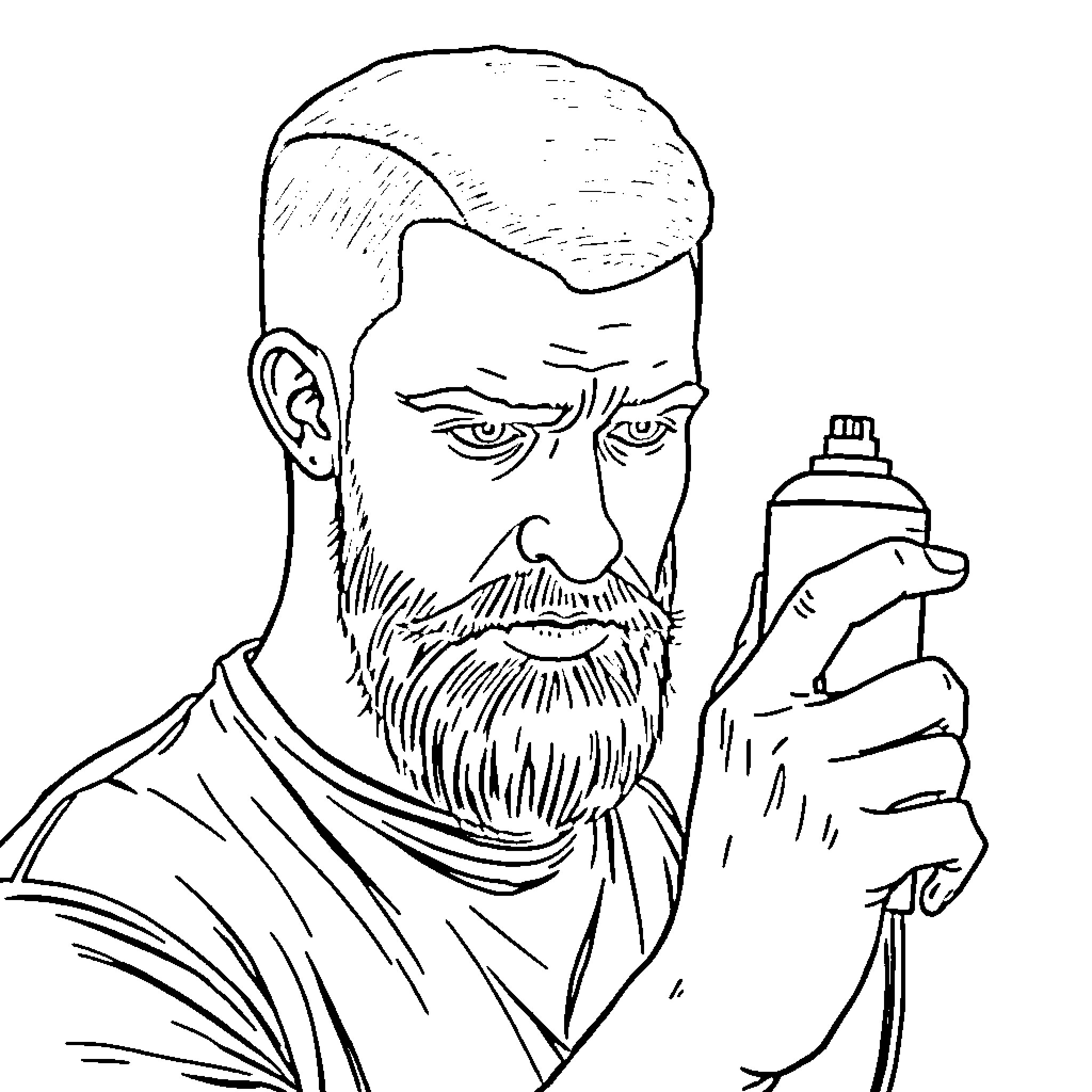 Hombre using spray paint in a serious expression Coloring Page (free black-and-white line drawing printable PDF for all, from beginners to advanced learners, including children, teens, adults, and seniors)