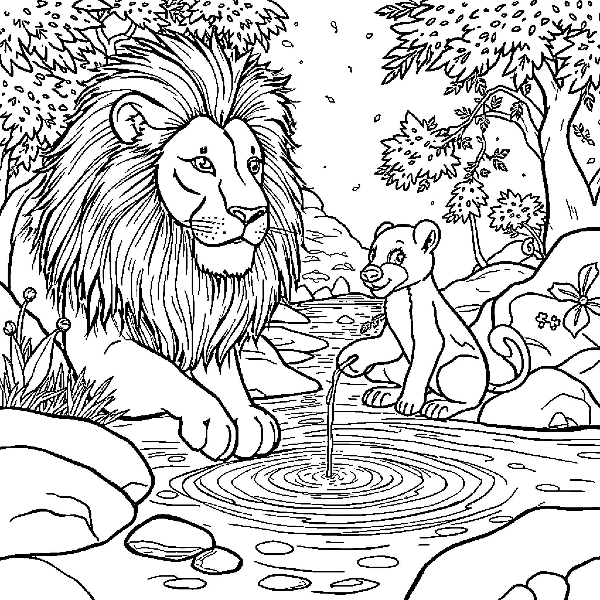 Lion and Cub in Peaceful Forest Landscape Coloring Page (free black-and-white line drawing printable PDF for all, from beginners to advanced learners, including children, teens, adults, and seniors)