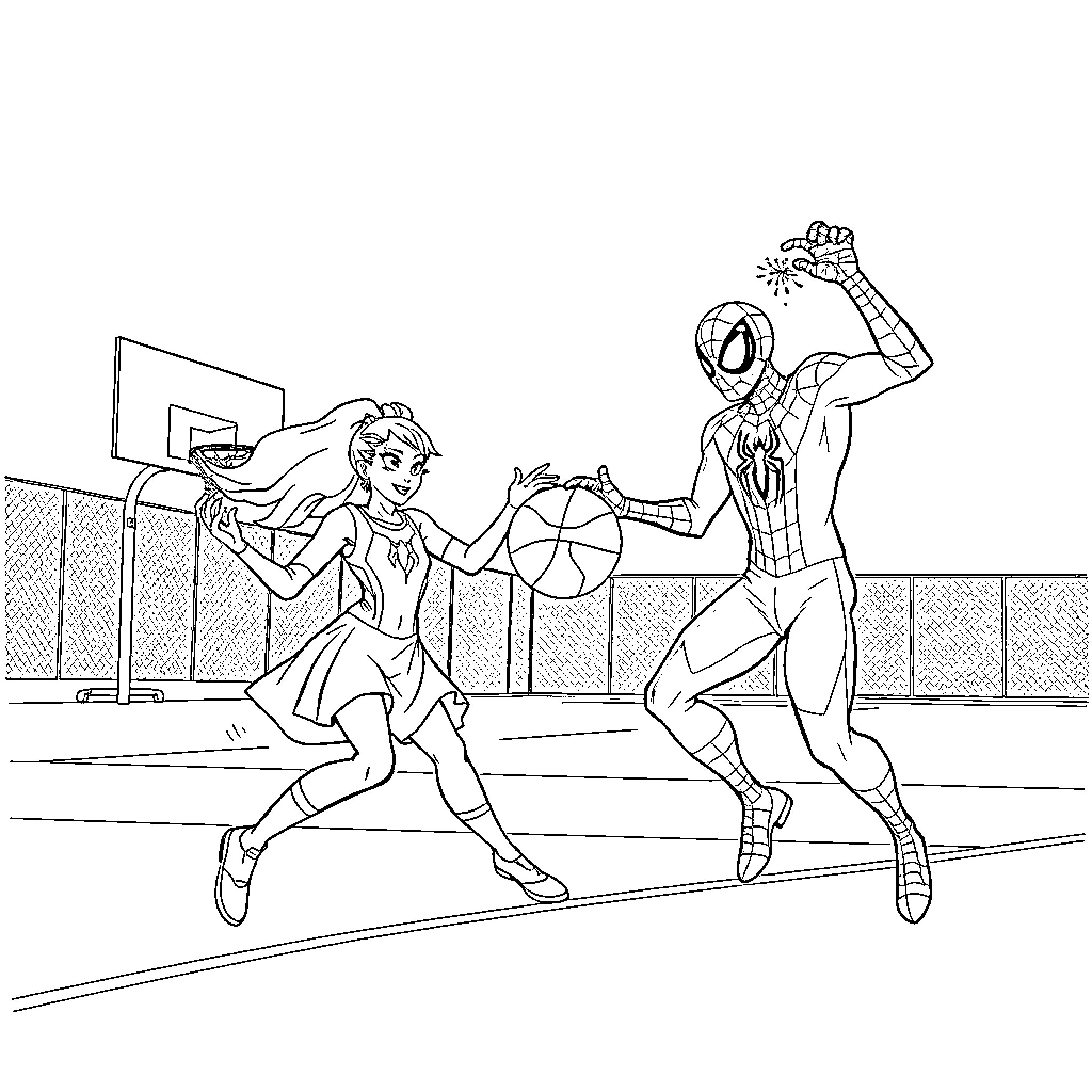 Spider-Heroes Playing Basketball in the Court Coloring Page (free black-and-white line drawing printable PDF for all, from beginners to advanced learners, including children, teens, adults, and seniors)