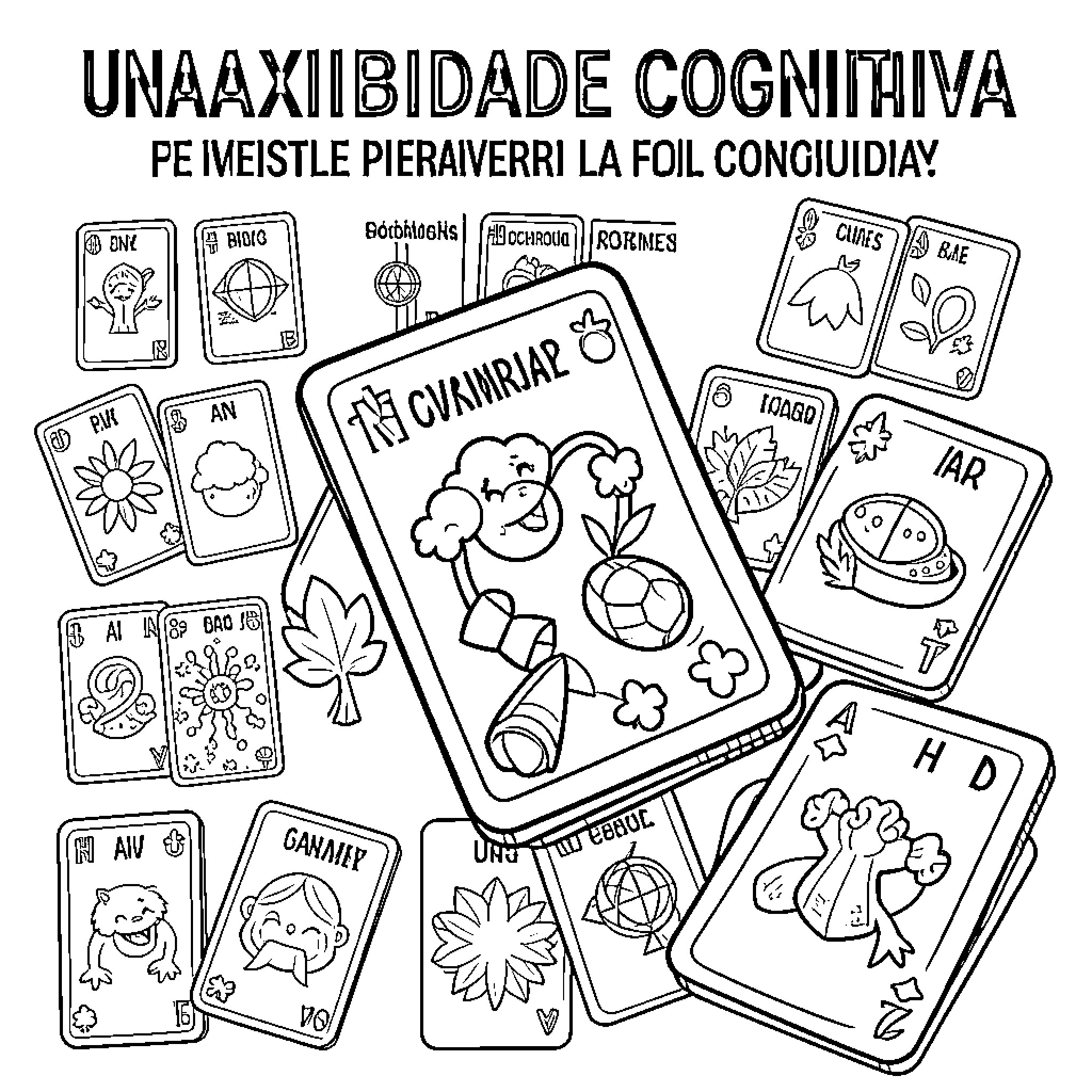 Card game featuring various whimsical characters and symbols Coloring Page (free black-and-white line drawing printable PDF for all, from beginners to advanced learners, including children, teens, adults, and seniors)