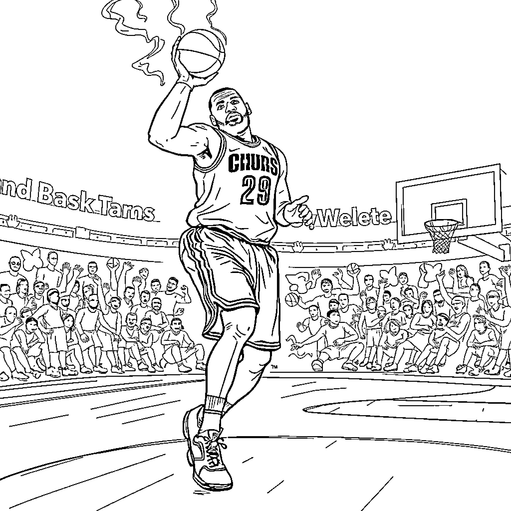 LeBron Dominates on the Basketball Court Coloring Page (free black-and-white line drawing printable PDF for all, from beginners to advanced learners, including children, teens, adults, and seniors)