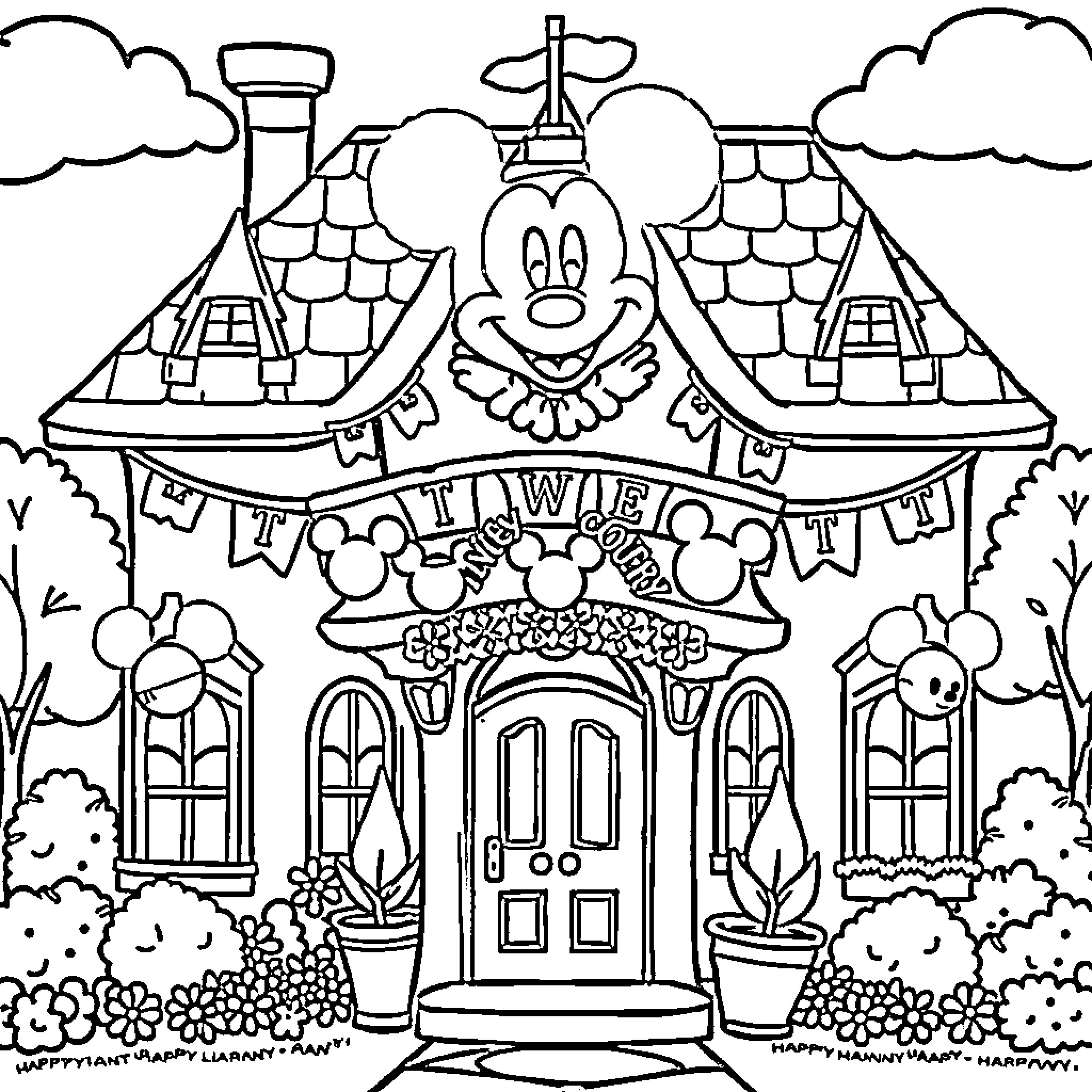 House with Mickey Mouse decor at amusement park Coloring Page (free black-and-white line drawing printable PDF for all, from beginners to advanced learners, including children, teens, adults, and seniors)