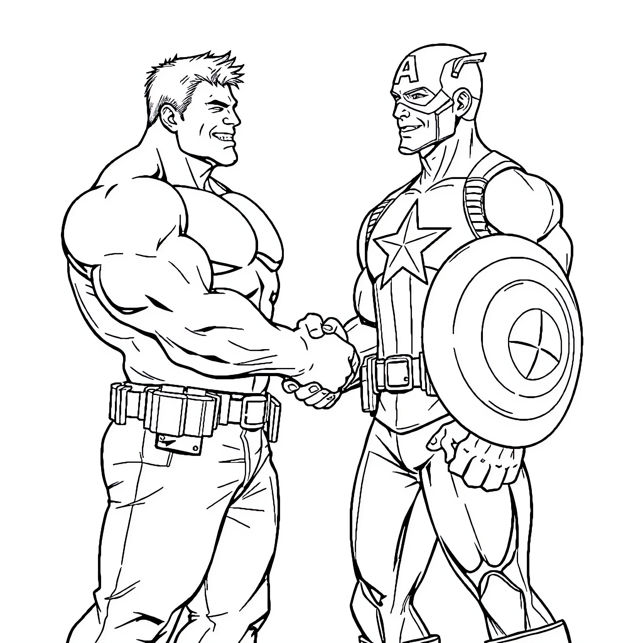 Hulk and Captain America Shaking Hands Coloring Page (free black-and-white line drawing printable PDF for all, from beginners to advanced learners, including children, teens, adults, and seniors)