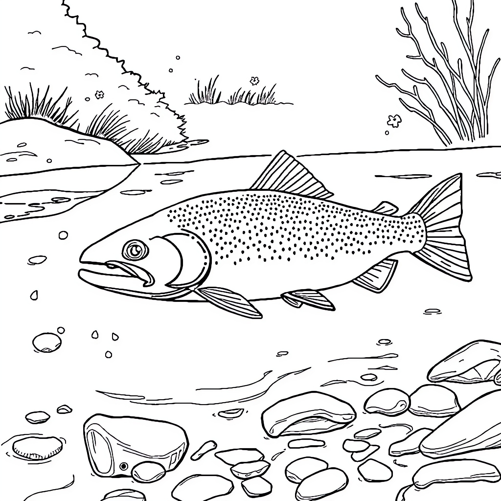 Trout swimming in the river with underwater scenery Coloring Page (free black-and-white line drawing printable PDF for all, from beginners to advanced learners, including children, teens, adults, and seniors)