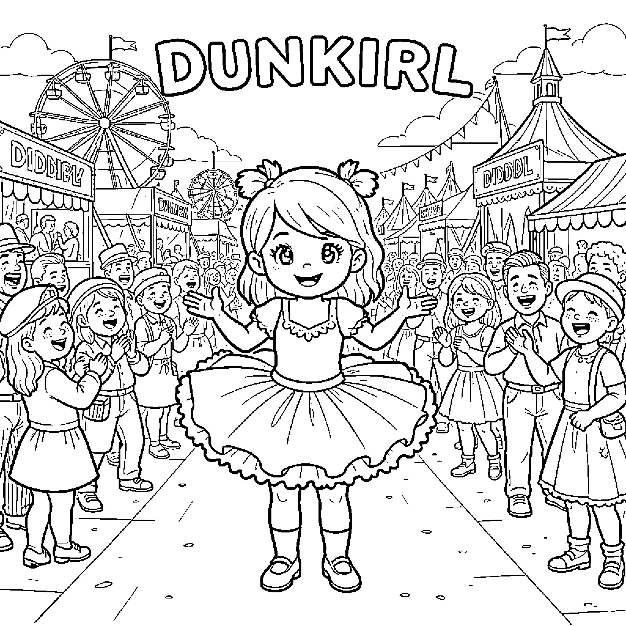 Diddl girl performing a ballet dance for a crowd Coloring Page (free black-and-white line drawing printable PDF for all, from beginners to advanced learners, including children, teens, adults, and seniors)