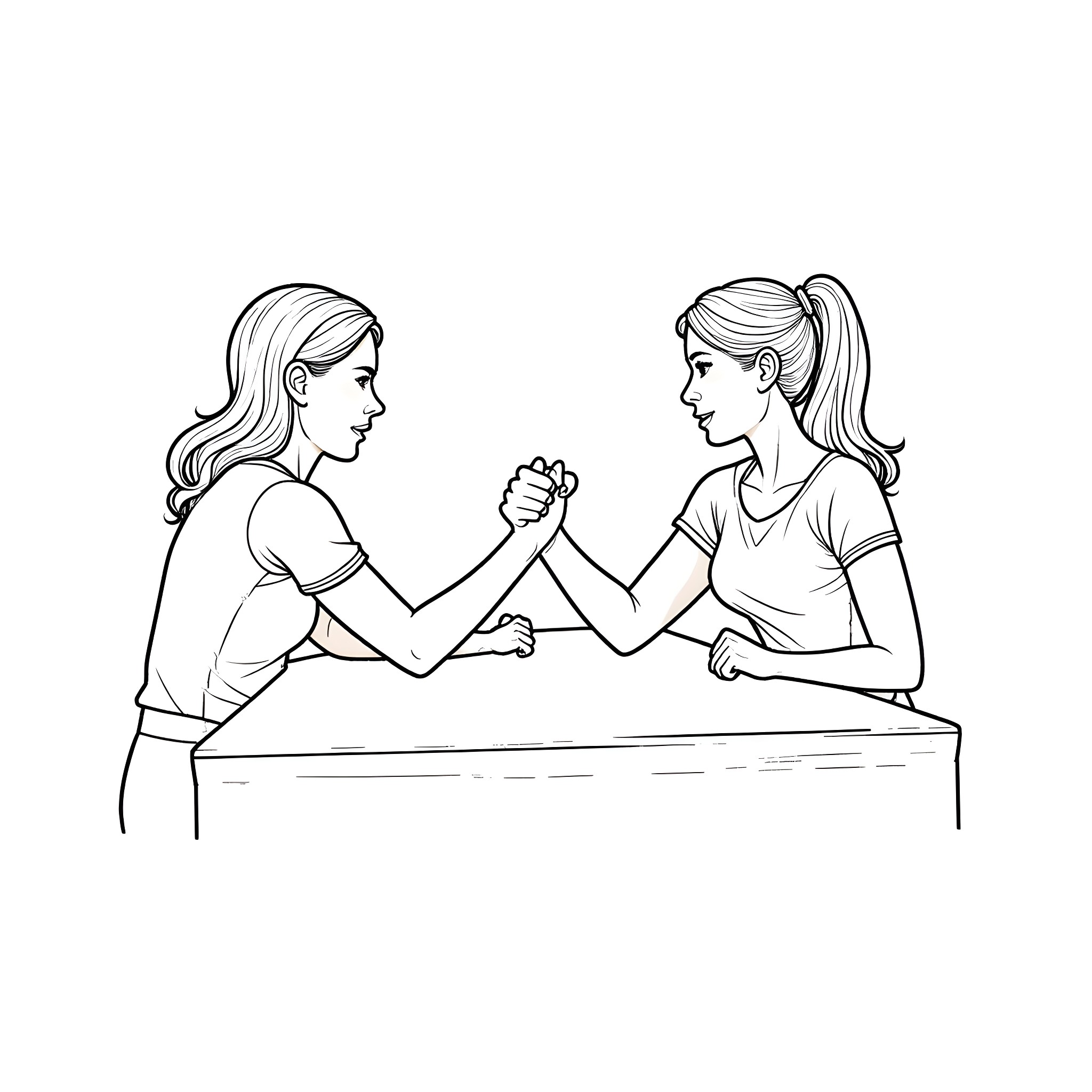 Woman arm wrestling with another woman Coloring Page (free black-and-white line drawing printable PDF for all, from beginners to advanced learners, including children, teens, adults, and seniors)