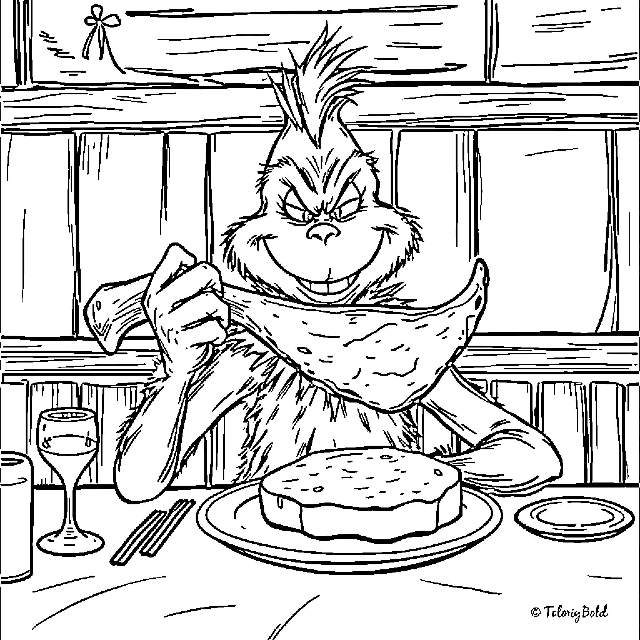 Grinch enjoying a tasty meal in the cabin Coloring Page (free black-and-white line drawing printable PDF for all, from beginners to advanced learners, including children, teens, adults, and seniors)