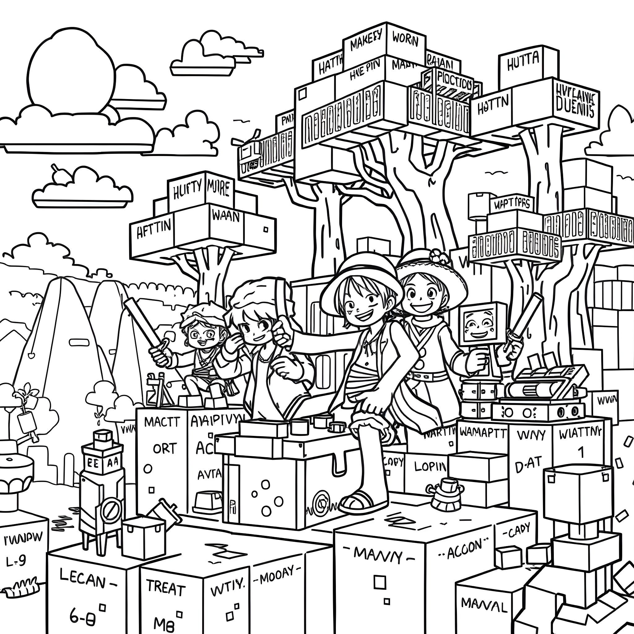 One Piece Characters Exploring a Bustling Market Coloring Page (free black-and-white line drawing printable PDF for all, from beginners to advanced learners, including children, teens, adults, and seniors)