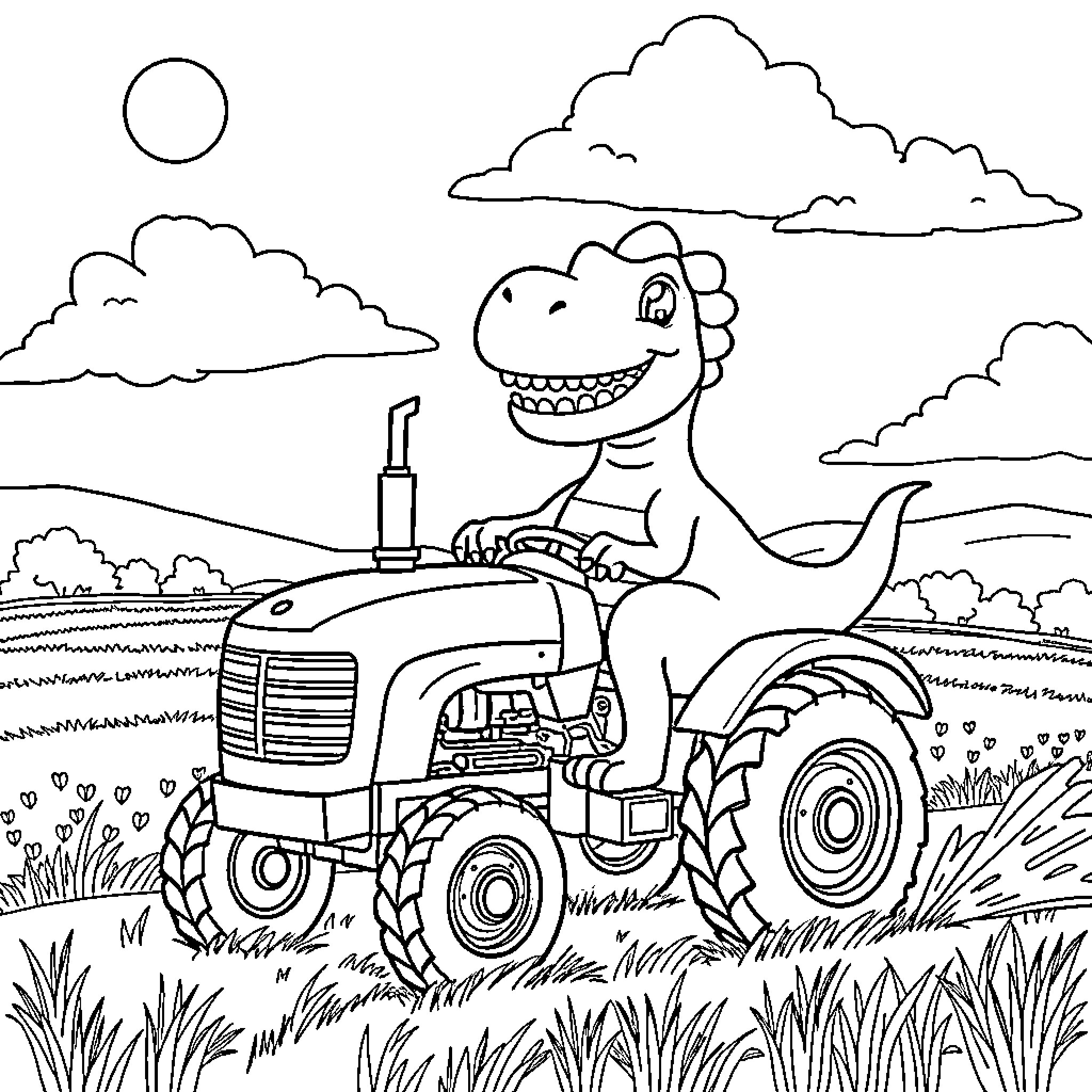 Dinosaur driving a tractor on the countryside Coloring Page (free black-and-white line drawing printable PDF for all, from beginners to advanced learners, including children, teens, adults, and seniors)
