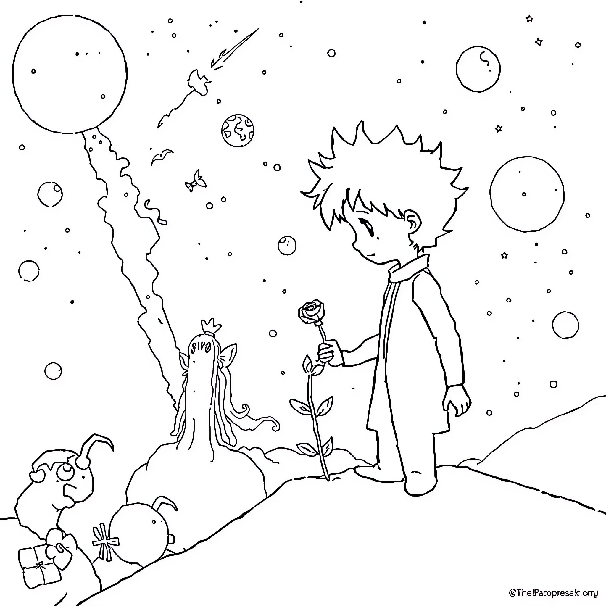 Little Prince explores the mysterious universe Coloring Page (free black-and-white line drawing printable PDF for all, from beginners to advanced learners, including children, teens, adults, and seniors)