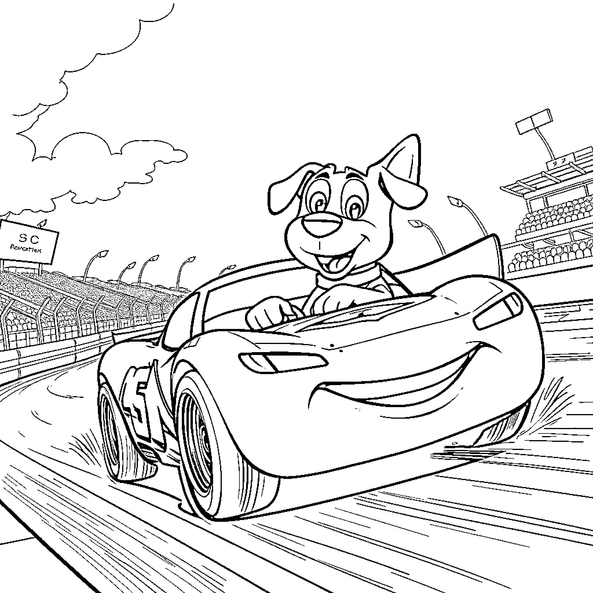 Dogman driving a race car on the track Coloring Page (free black-and-white line drawing printable PDF for all, from beginners to advanced learners, including children, teens, adults, and seniors)