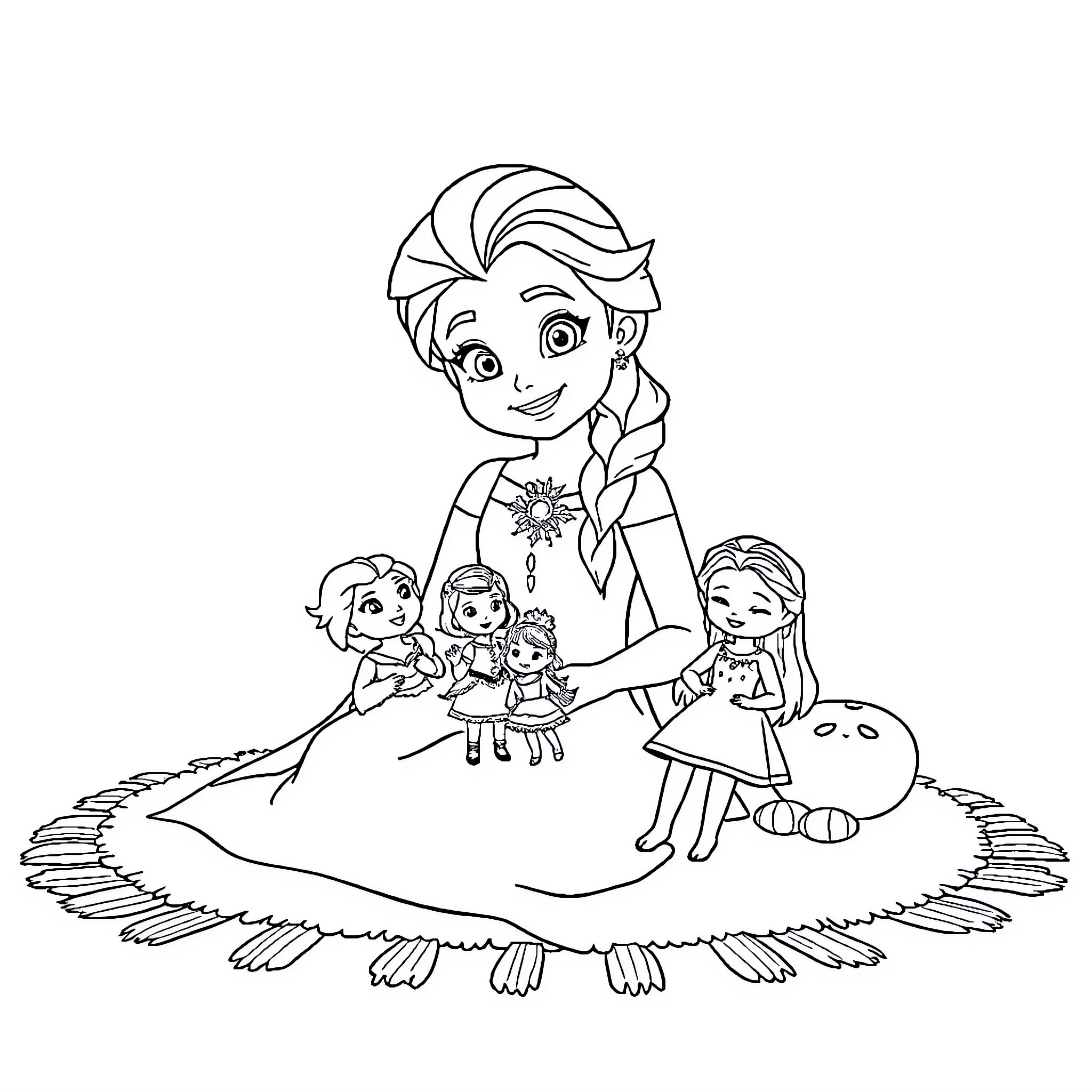 Princess Elsa playing with friends in the garden Coloring Page (free black-and-white line drawing printable PDF for all, from beginners to advanced learners, including children, teens, adults, and seniors)