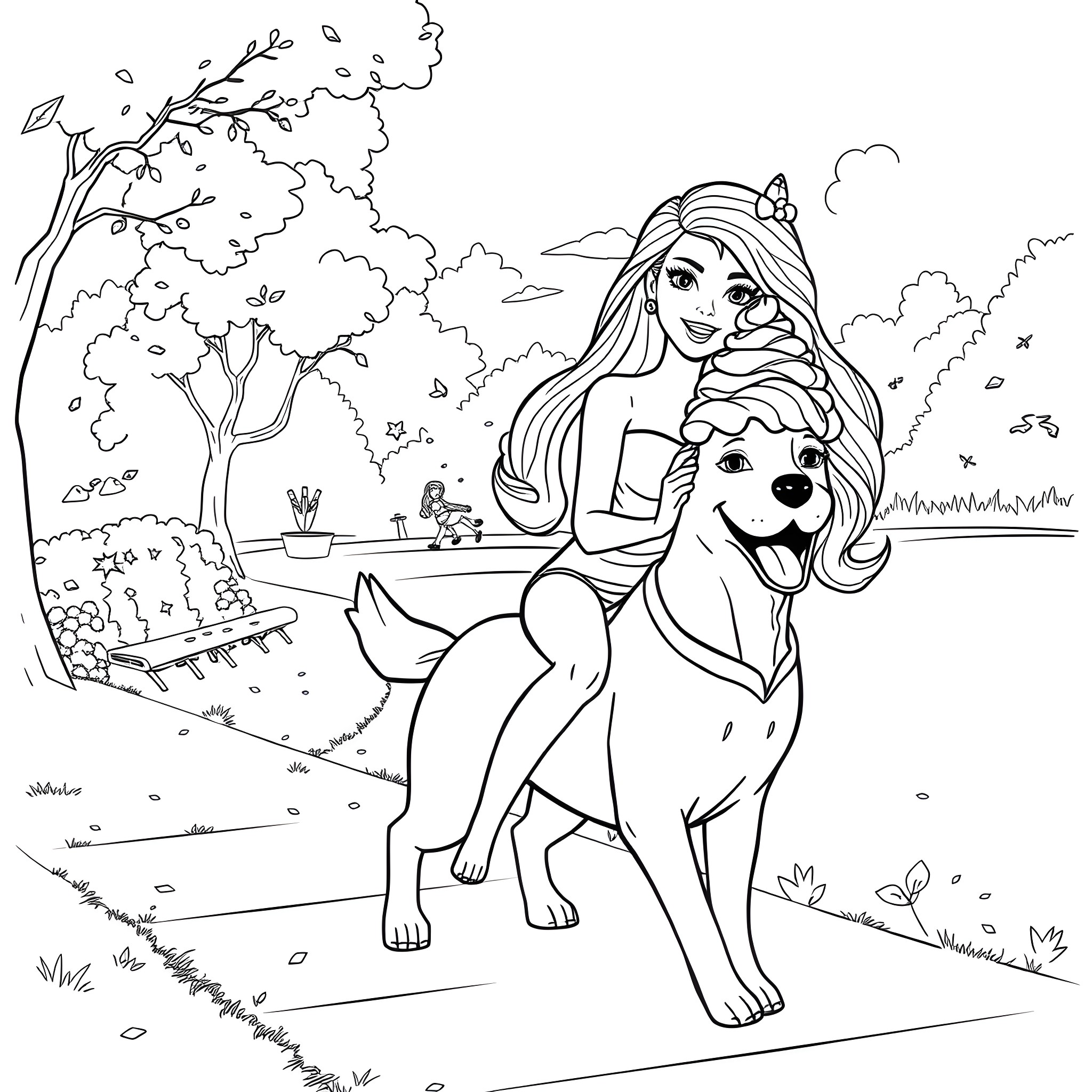 Barbie enjoying outdoor adventure with pet dog Coloring Page (free black-and-white line drawing printable PDF for all, from beginners to advanced learners, including children, teens, adults, and seniors)