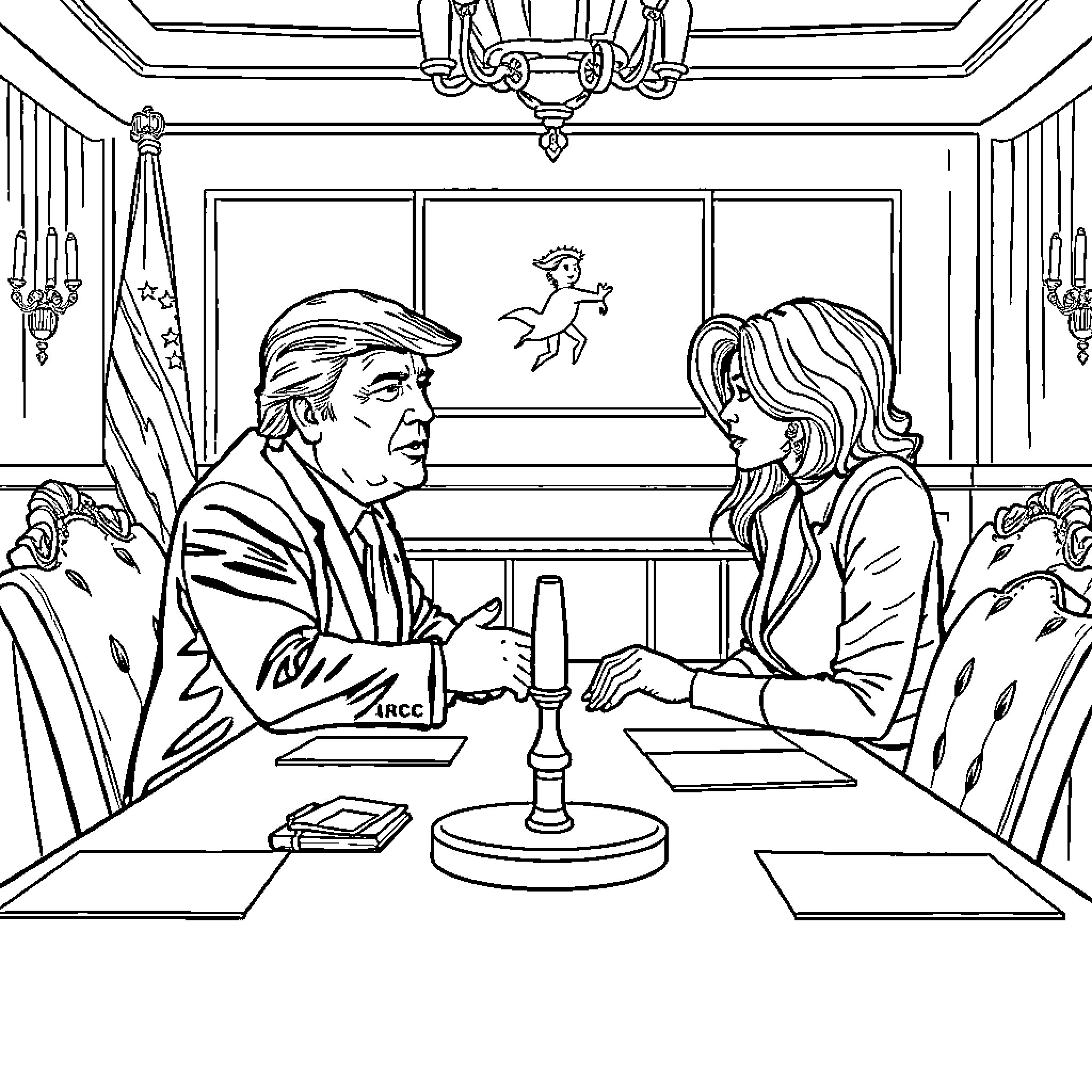 Trump's Interaction in an Ornate Office Setting Coloring Page (free black-and-white line drawing printable PDF for all, from beginners to advanced learners, including children, teens, adults, and seniors)