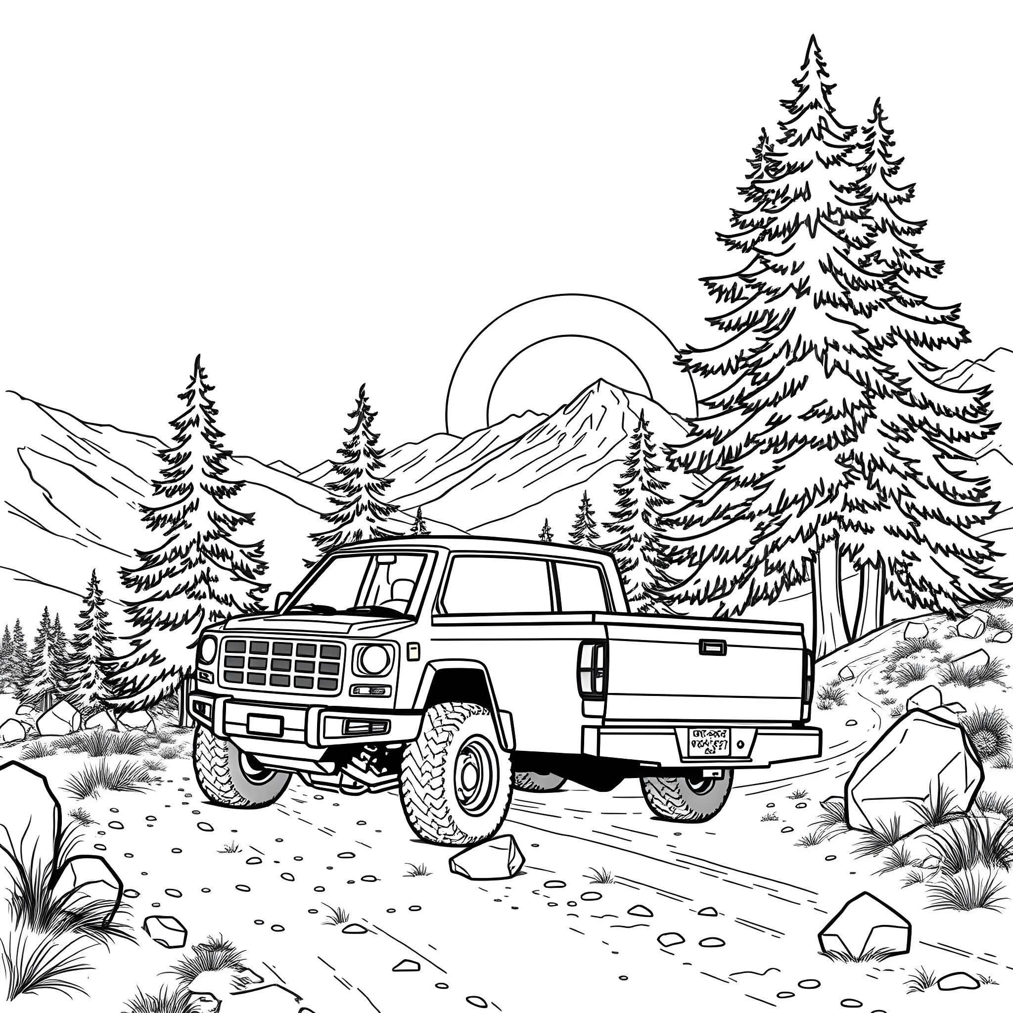 Pick Up Truck Parked in the Snowy Wilderness Coloring Page (free black-and-white line drawing printable PDF for all, from beginners to advanced learners, including children, teens, adults, and seniors)