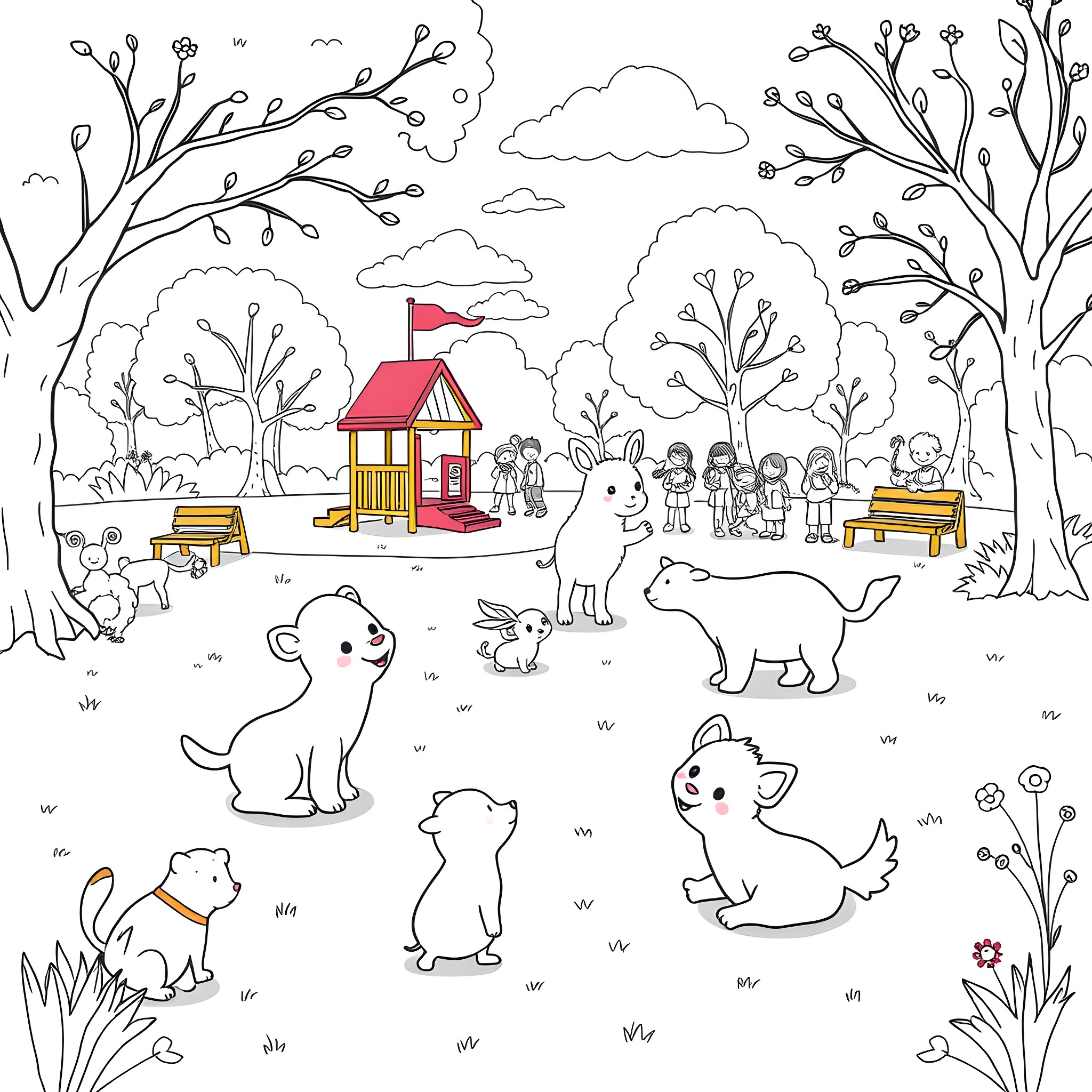 4 Year Old Exploring Whimsical Forest with Animal Friends Coloring Page (free black-and-white line drawing printable PDF for all, from beginners to advanced learners, including children, teens, adults, and seniors)