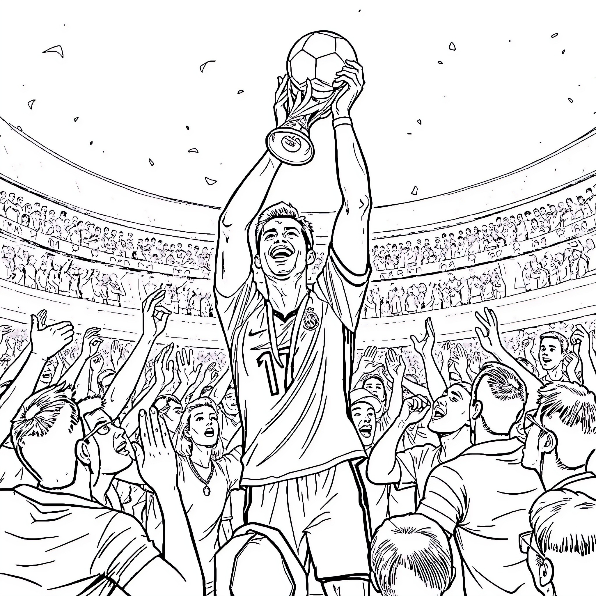 Cristiano Ronaldo Celebrating Victory with Fans in Stadium Coloring Page (free black-and-white line drawing printable PDF for all, from beginners to advanced learners, including children, teens, adults, and seniors)