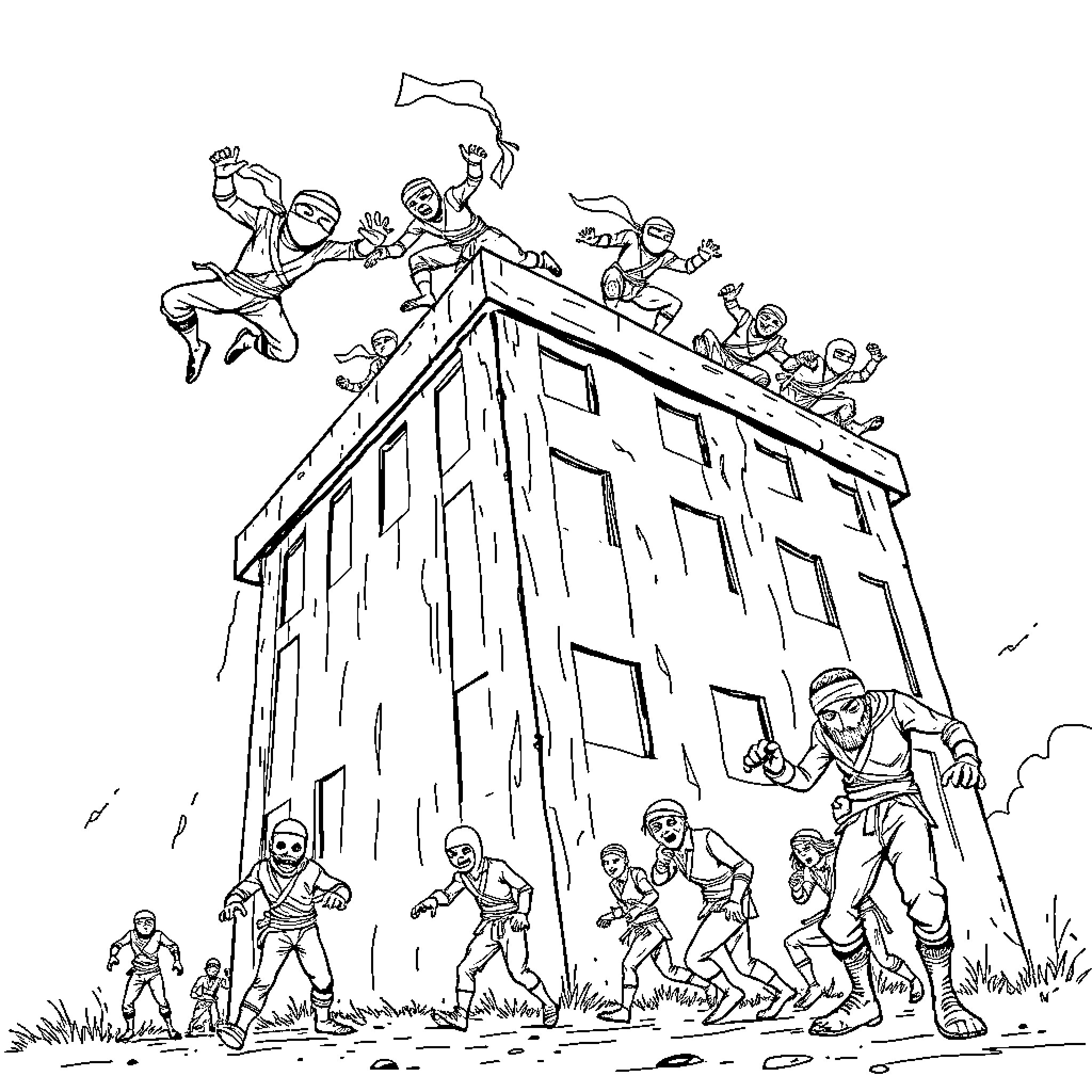 Ninja warriors storming a fortress Coloring Page (free black-and-white line drawing printable PDF for all, from beginners to advanced learners, including children, teens, adults, and seniors)