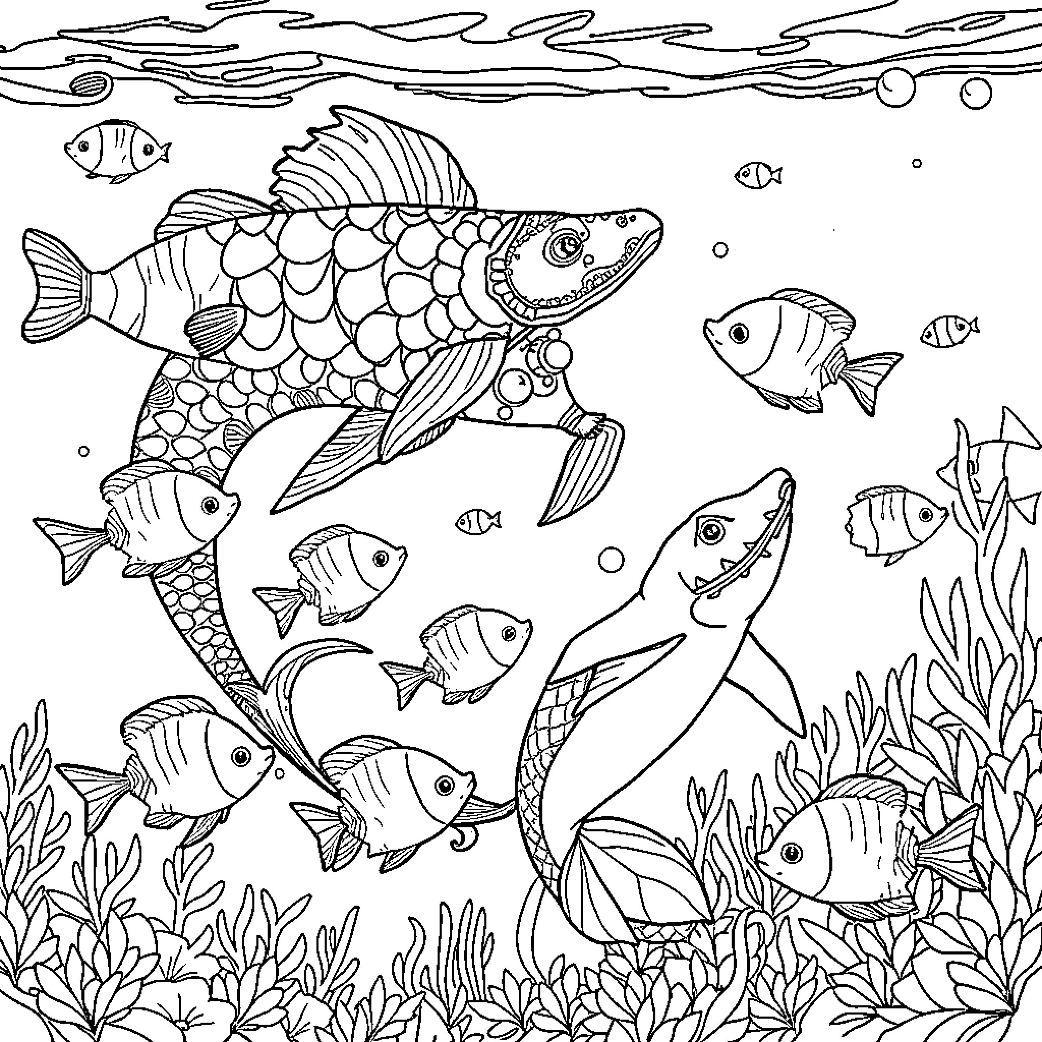 Sirène: Vibrant underwater scene with diverse fish Coloring Page (free black-and-white line drawing printable PDF for all, from beginners to advanced learners, including children, teens, adults, and seniors)