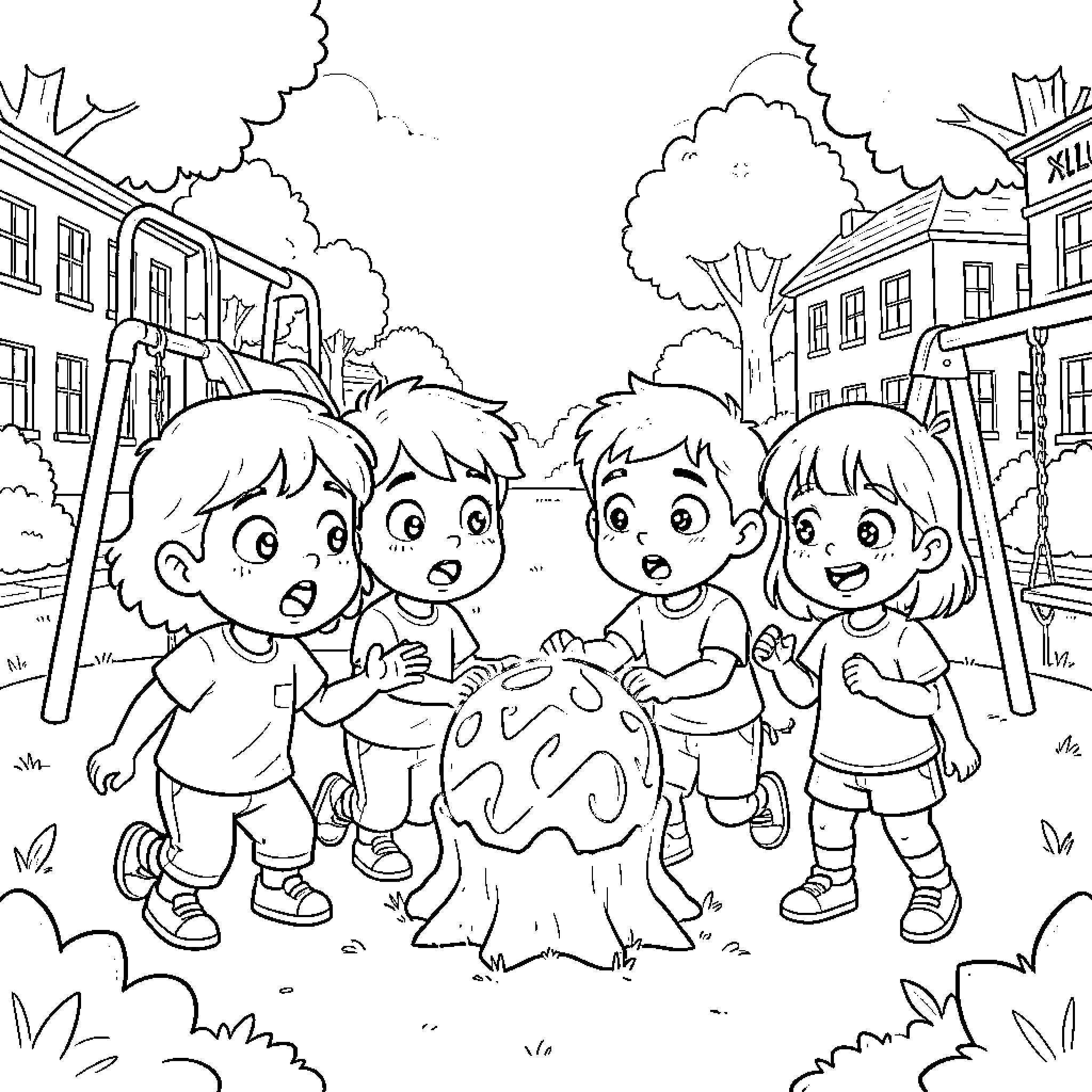 Children playing happily in the neighborhood Coloring Page (free black-and-white line drawing printable PDF for all, from beginners to advanced learners, including children, teens, adults, and seniors)