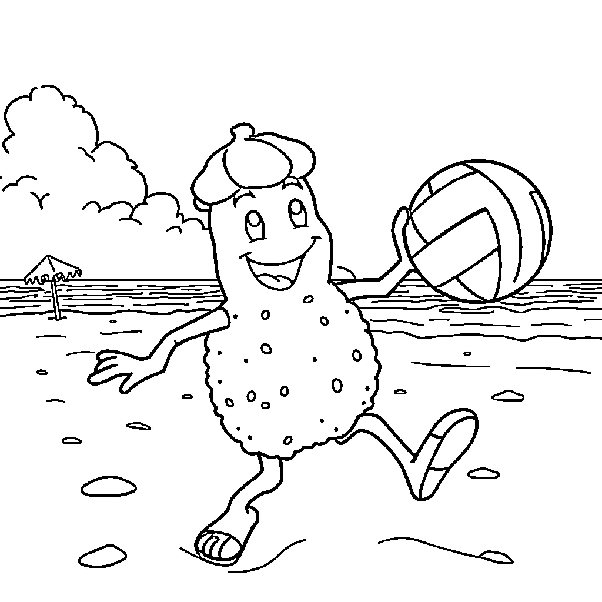 Muffin Man playing volleyball at the beach Coloring Page (free black-and-white line drawing printable PDF for all, from beginners to advanced learners, including children, teens, adults, and seniors)