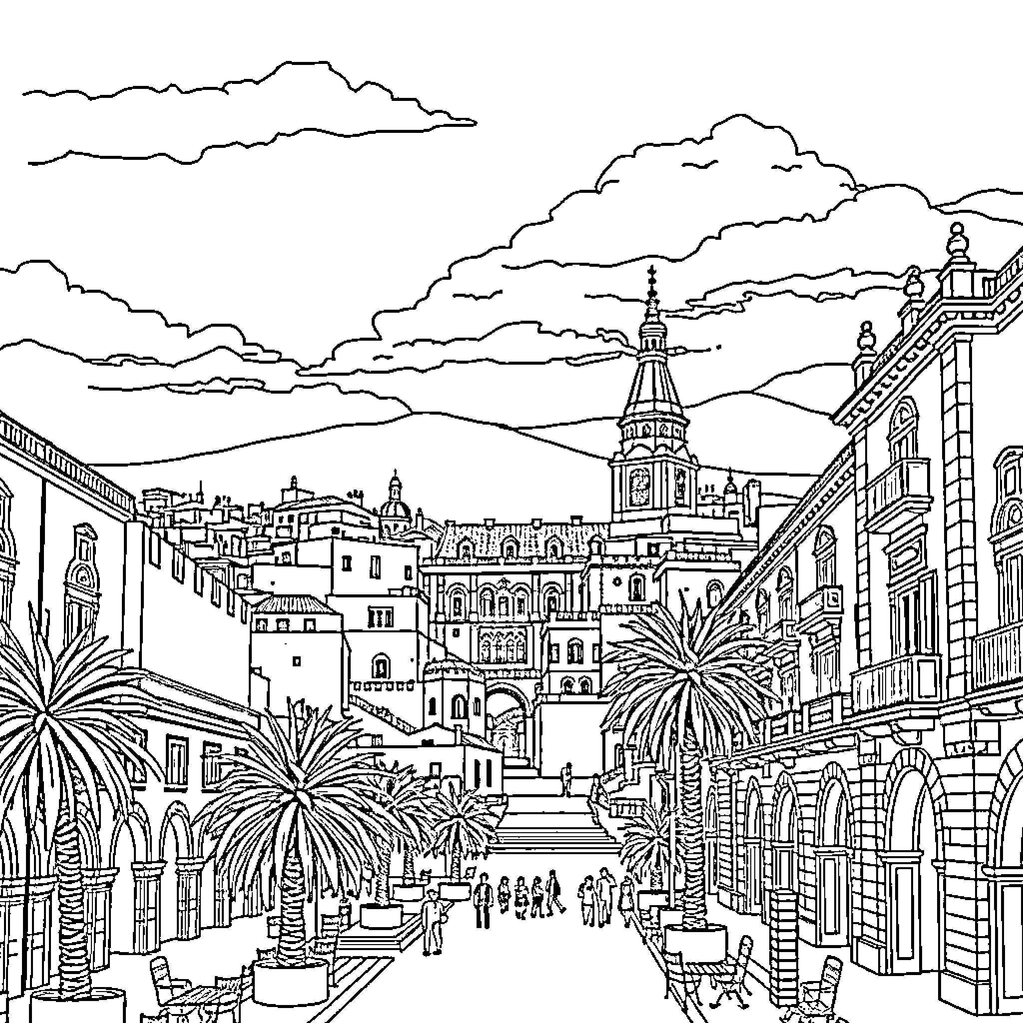 Granada: Vibrant Architectural Cityscape with Palms Coloring Page (free black-and-white line drawing printable PDF for all, from beginners to advanced learners, including children, teens, adults, and seniors)