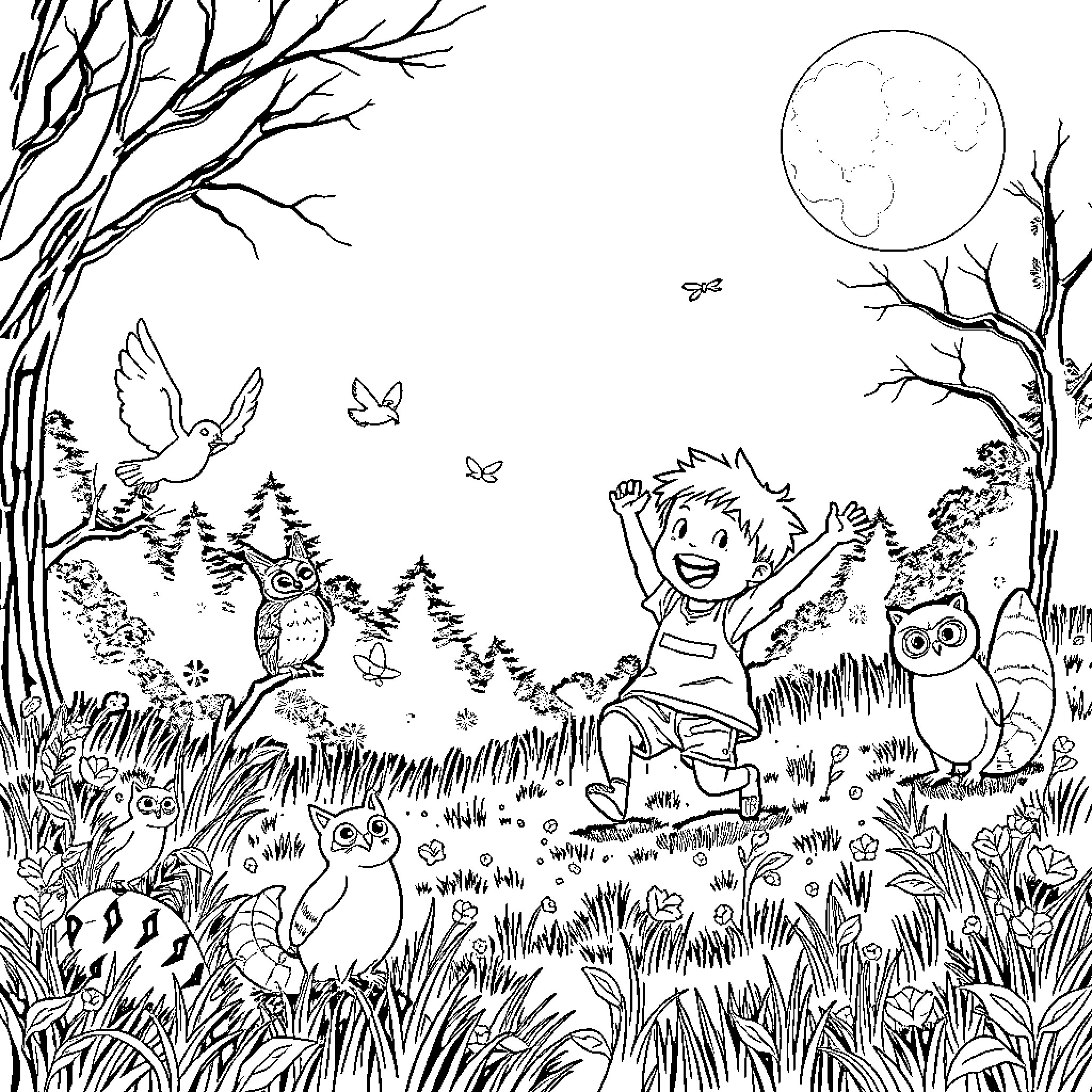 Kid playing joyfully in enchanted moonlit forest Coloring Page (free black-and-white line drawing printable PDF for all, from beginners to advanced learners, including children, teens, adults, and seniors)