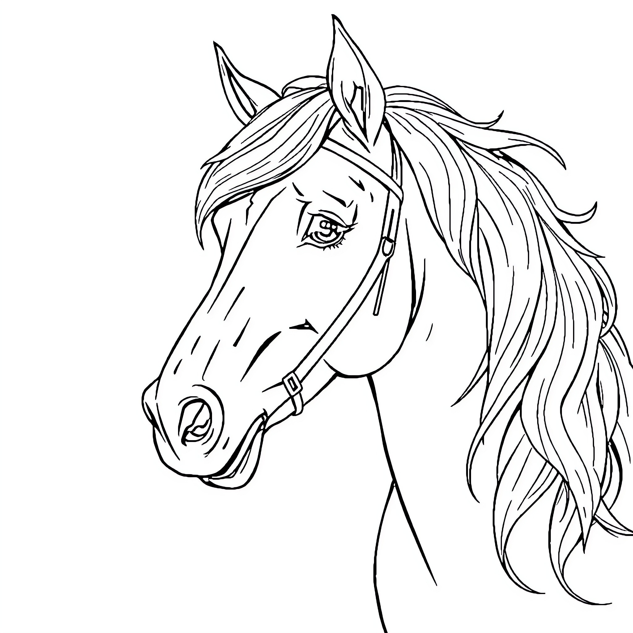 Horse with expressive mane and detail Coloring Page (free black-and-white line drawing printable PDF for all, from beginners to advanced learners, including children, teens, adults, and seniors)