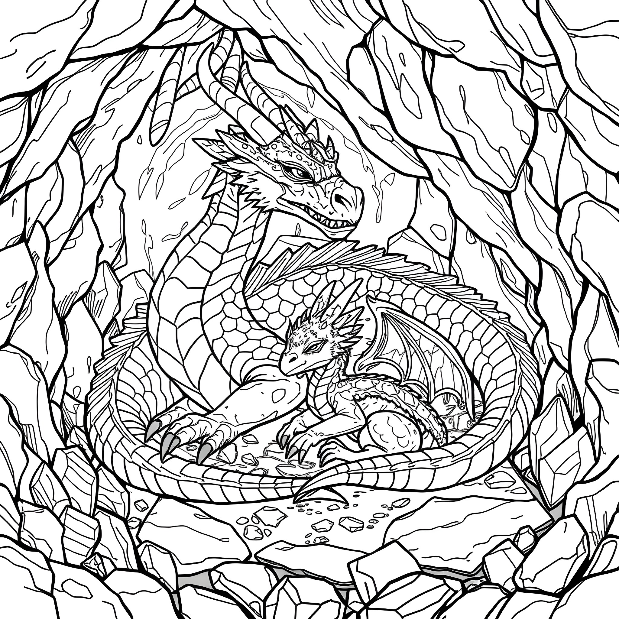 Dragon pair nestled in rocky cavern Coloring Page (free black-and-white line drawing printable PDF for all, from beginners to advanced learners, including children, teens, adults, and seniors)