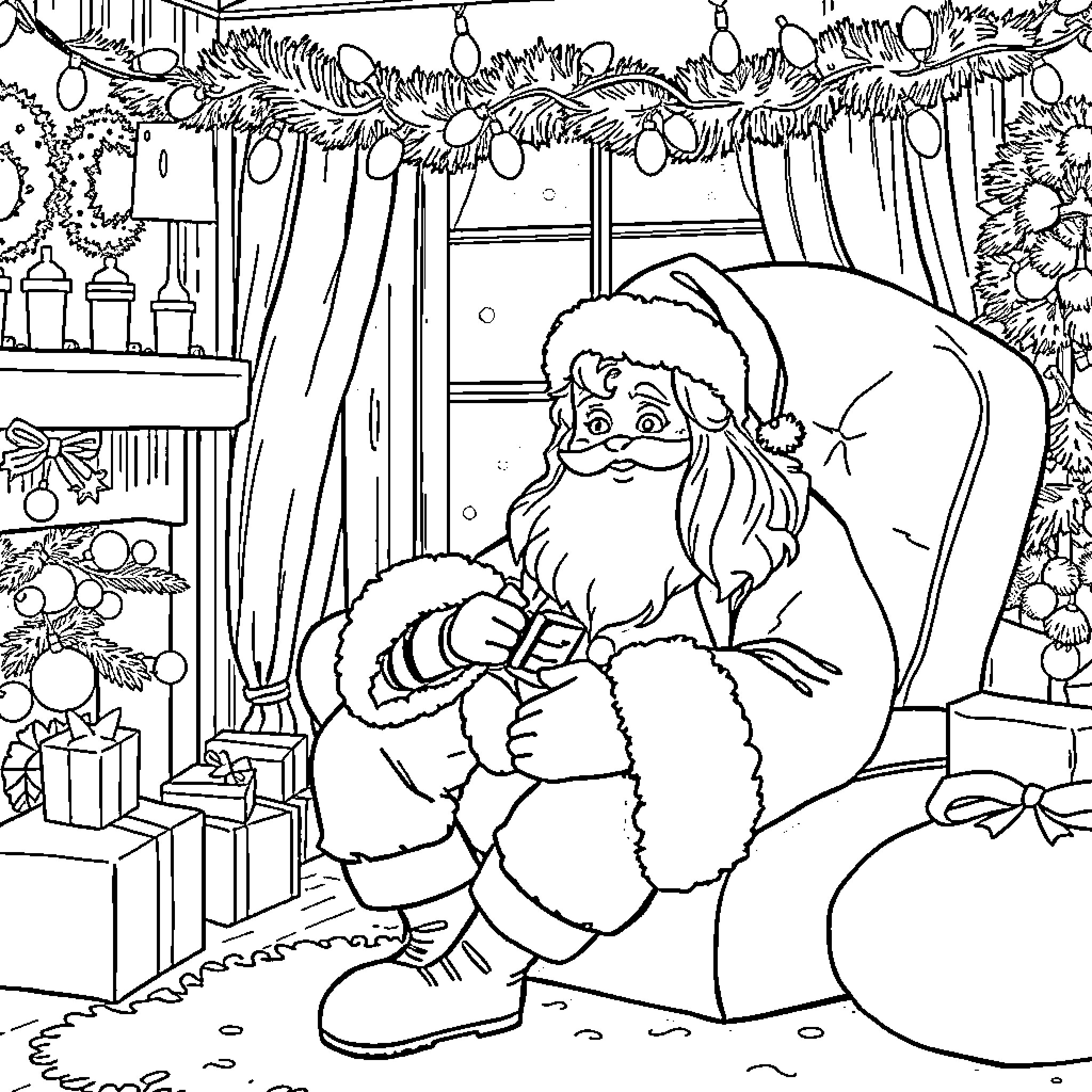Sydney Sweeney as Santa Claus in a Christmas scene Coloring Page (free black-and-white line drawing printable PDF for all, from beginners to advanced learners, including children, teens, adults, and seniors)