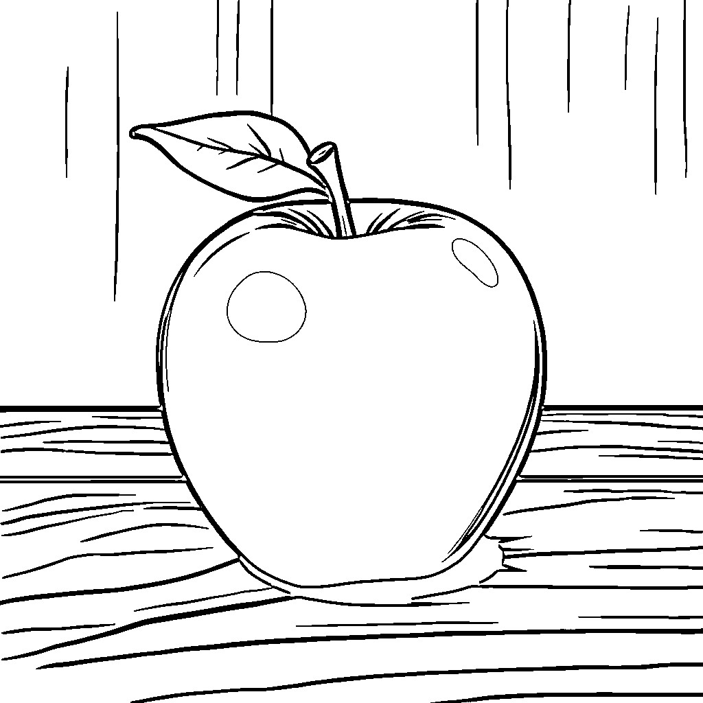 Apple on a wooden surface Coloring Page (free black-and-white line drawing printable PDF for all, from beginners to advanced learners, including children, teens, adults, and seniors)
