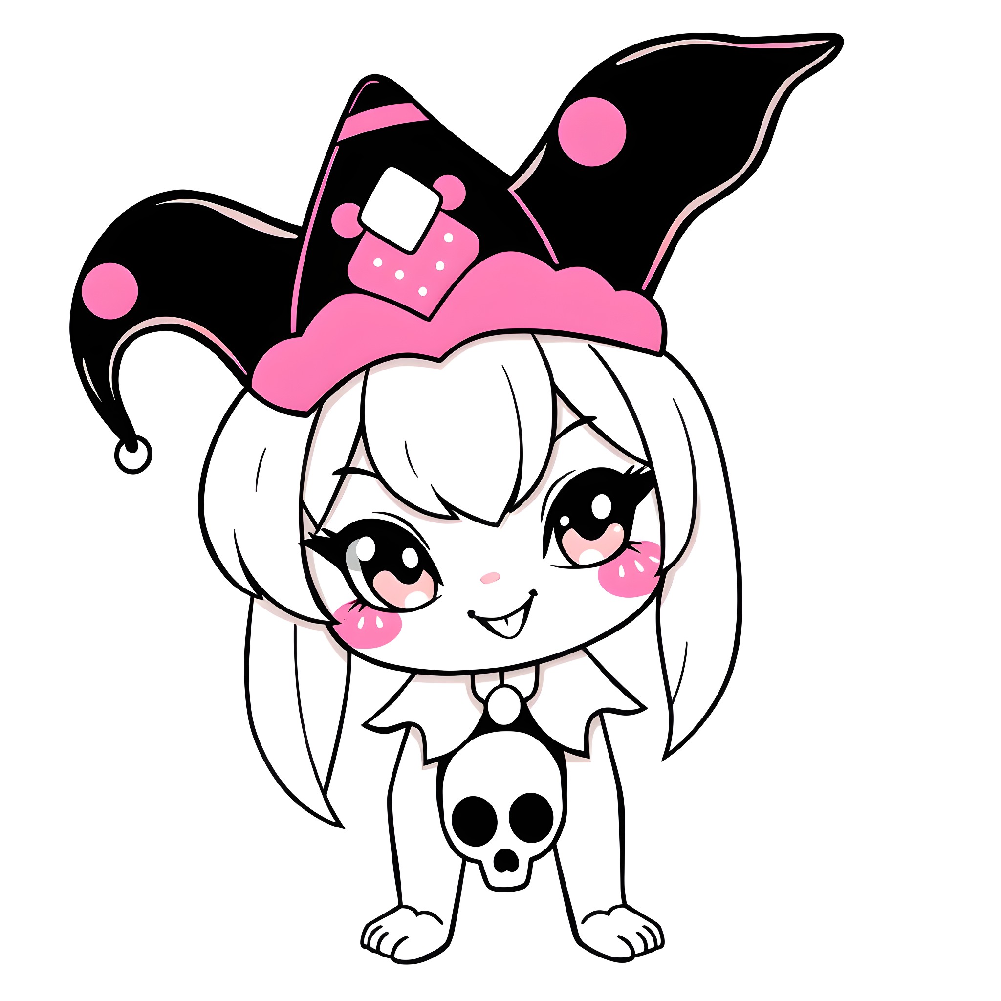 Kuromi with Jester Hat and Skull Emblem Coloring Page (free black-and-white line drawing printable PDF for all, from beginners to advanced learners, including children, teens, adults, and seniors)