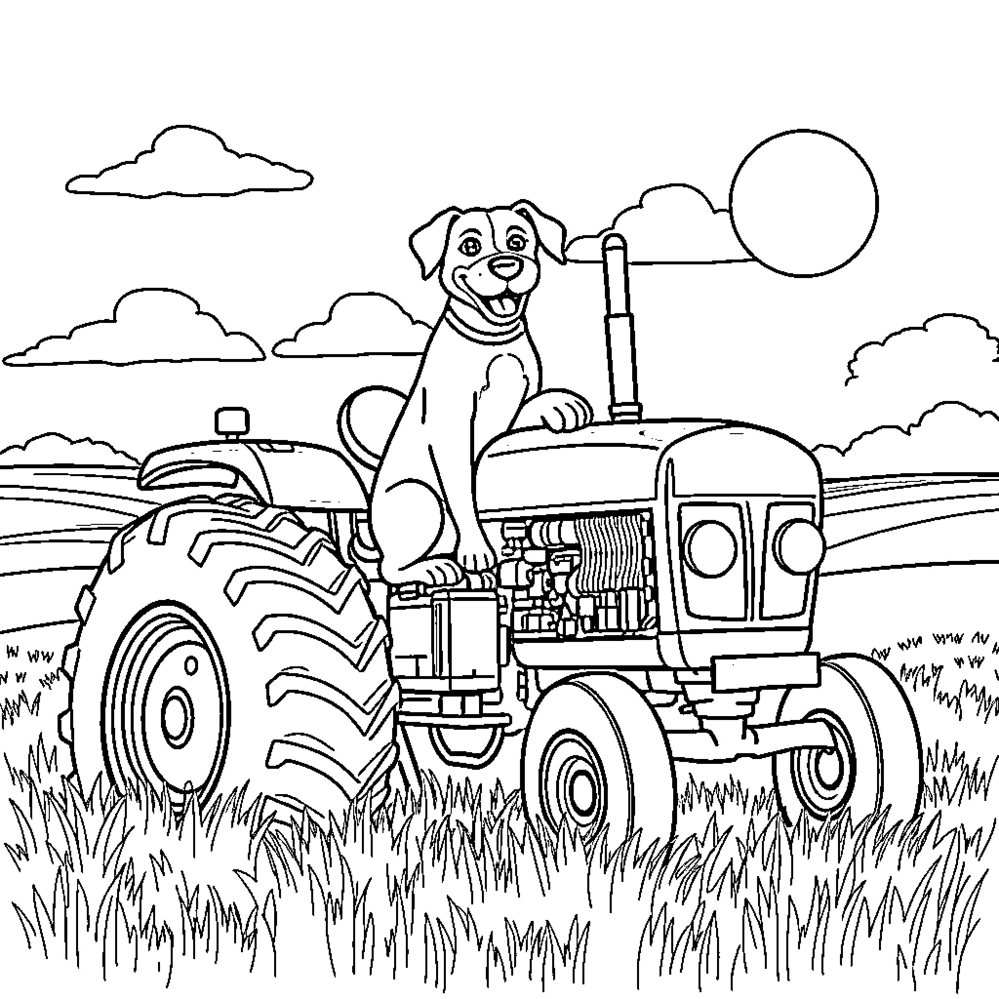 Dog riding a tractor in the countryside Coloring Page (free black-and-white line drawing printable PDF for all, from beginners to advanced learners, including children, teens, adults, and seniors)