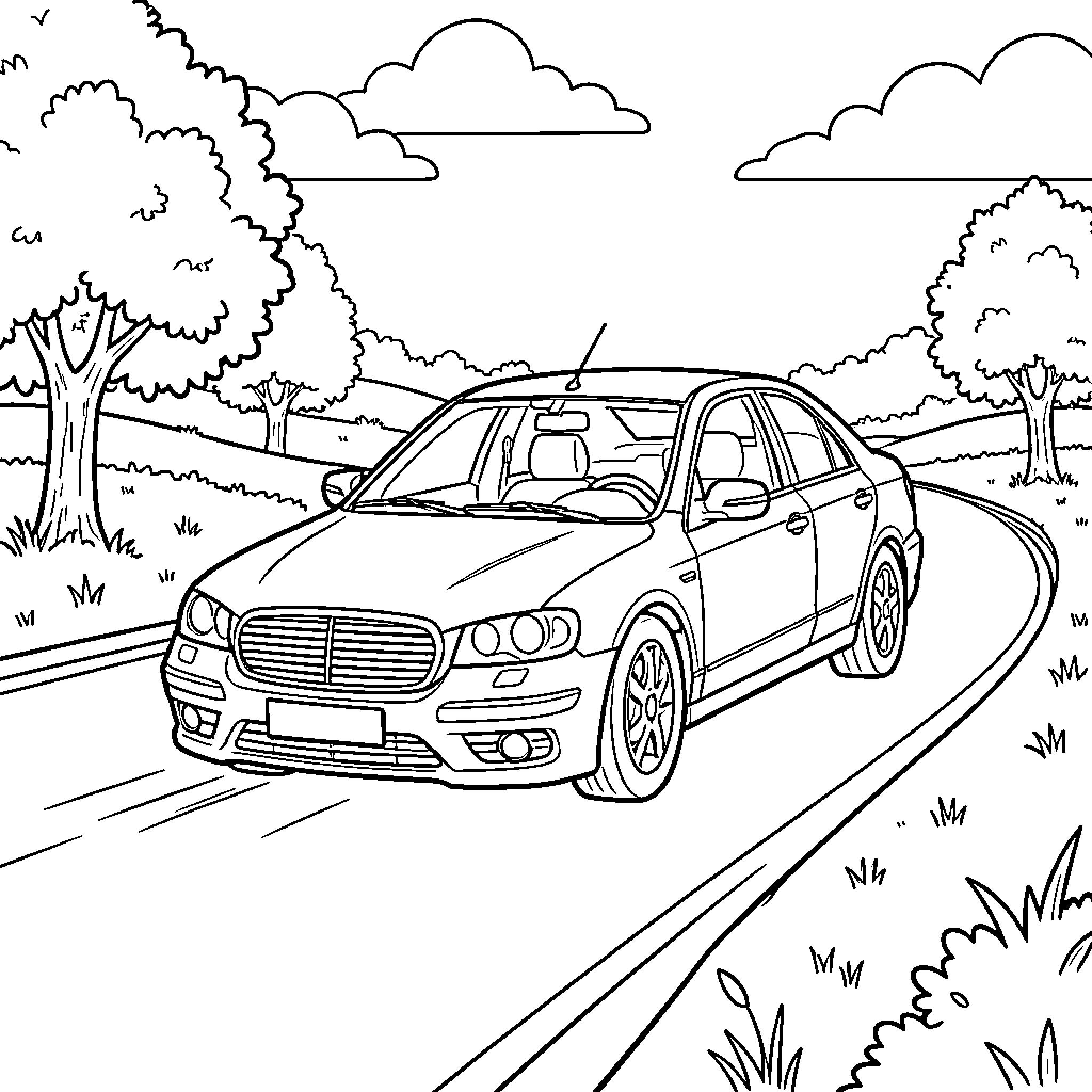 Car driving along a scenic winding road Coloring Page (free black-and-white line drawing printable PDF for all, from beginners to advanced learners, including children, teens, adults, and seniors)